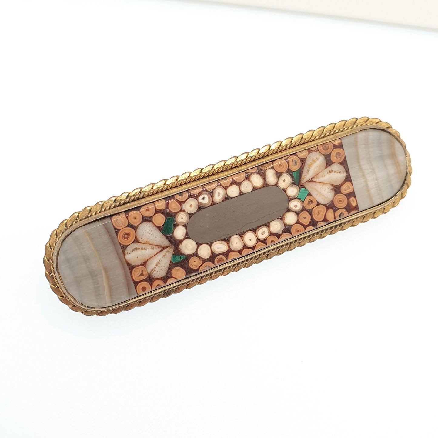 Antique Victorian Fossil Brooch Pin Various Hardstone Micro Mosaic Agate Malachite Gold Gilt Curios Unusual Unique Jewelry Jewellery Vintage