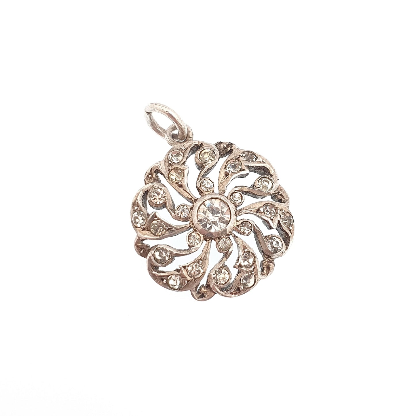 Antique Victorian Solid Silver Diamond Paste Necklace Pendant Art Nouveau Spiral Swirl Sparkly Foiled Vintage Womens Jewellery Jewelry