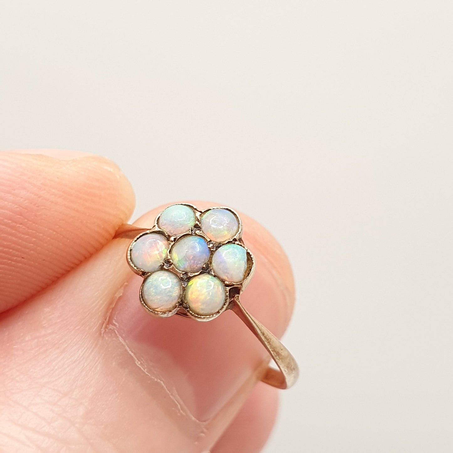 Antique 9ct 9kt Gold Opal Ring Cluster Halo Solid 375 Vintage Blue Fire Genuine Gemstone Domed Rare Fine Estate Jewelry Jewellery Womens