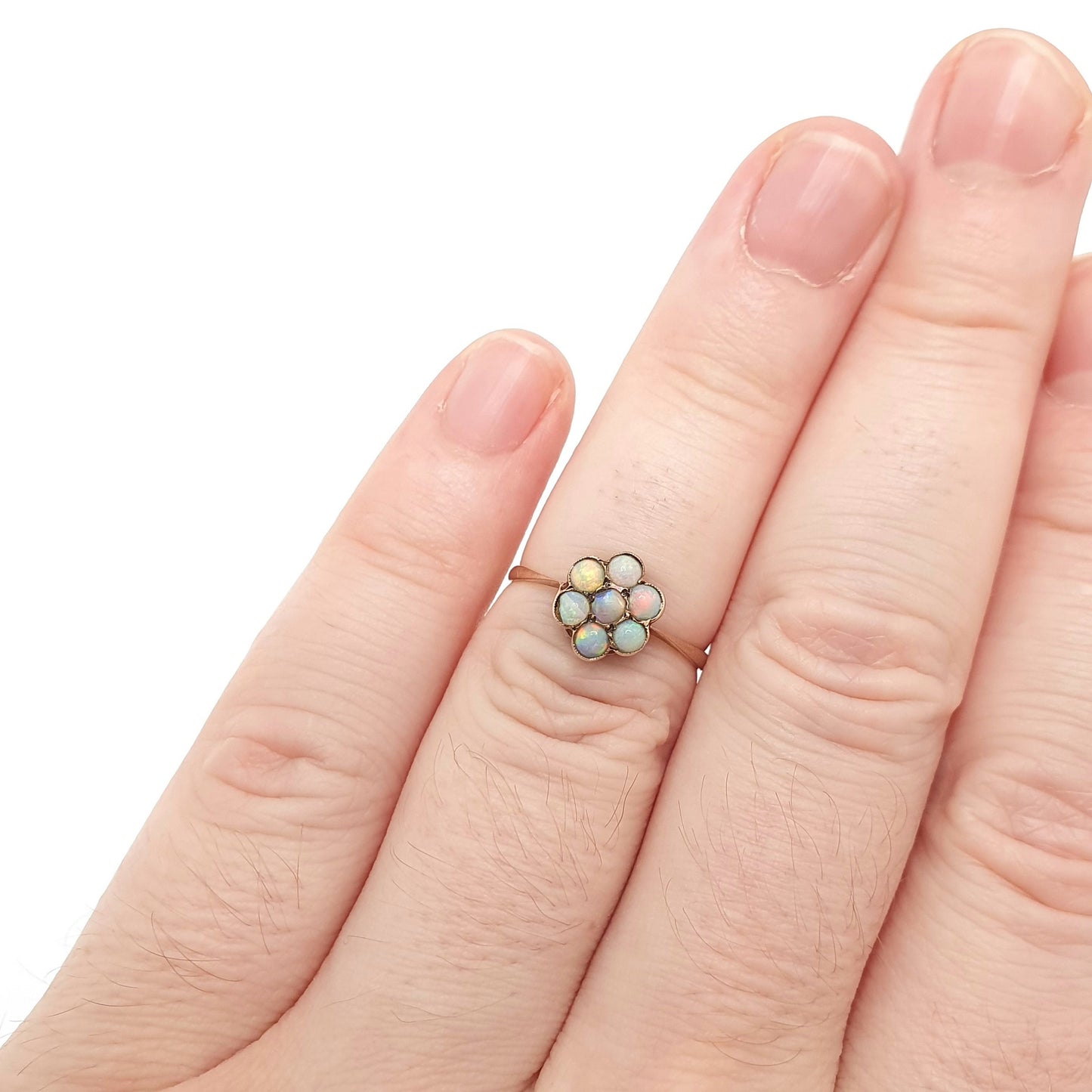 Antique 9ct 9kt Gold Opal Ring Cluster Halo Solid 375 Vintage Blue Fire Genuine Gemstone Domed Rare Fine Estate Jewelry Jewellery Womens