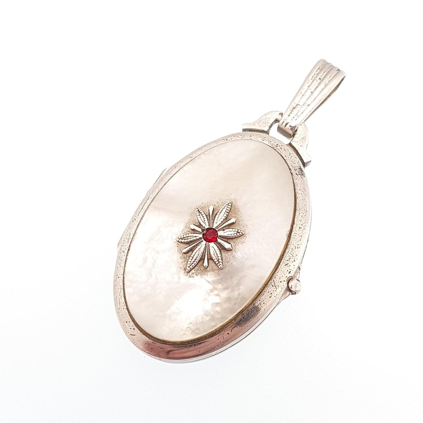 Vintage Solid Silver Ruby Paste Locket Mother of Pearl Big Large Star Centre Necklace Pendant Genuine Real White Shell Retro Womens Jewelry