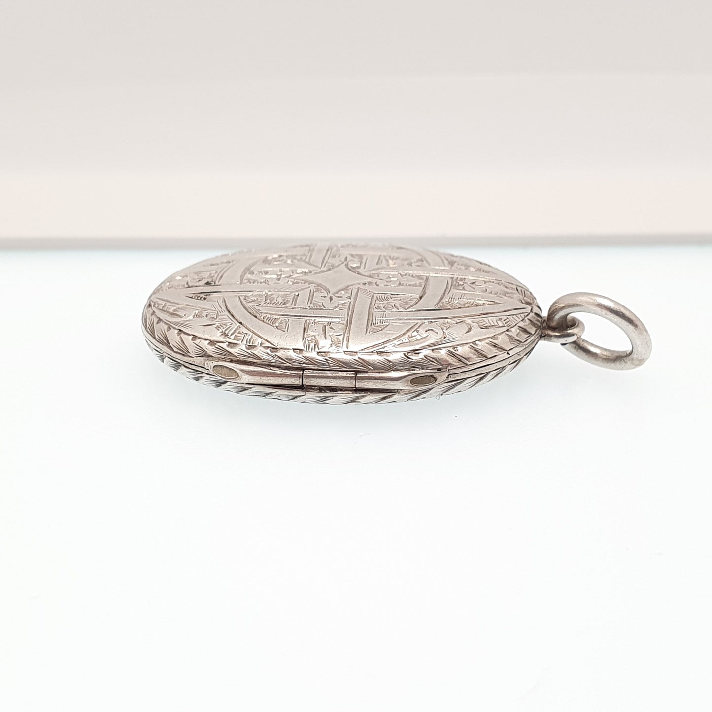 Antique Victorian Solid Silver Locket Geometric Hand Engraved Scroll Oval Pendant Picture Photo Vintage Womens Jewelry Jewellery
