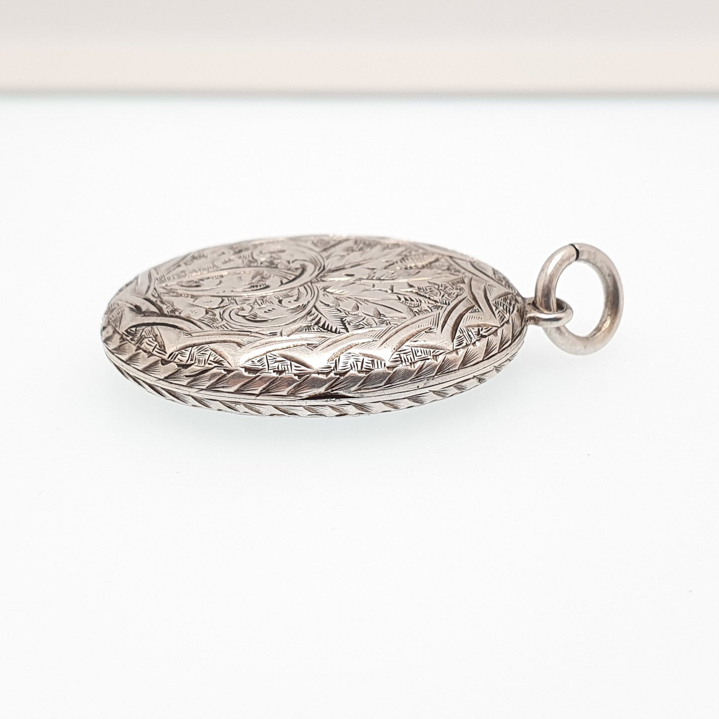 Antique Victorian Solid Silver Locket Geometric Hand Engraved Scroll Oval Pendant Picture Photo Vintage Womens Jewelry Jewellery
