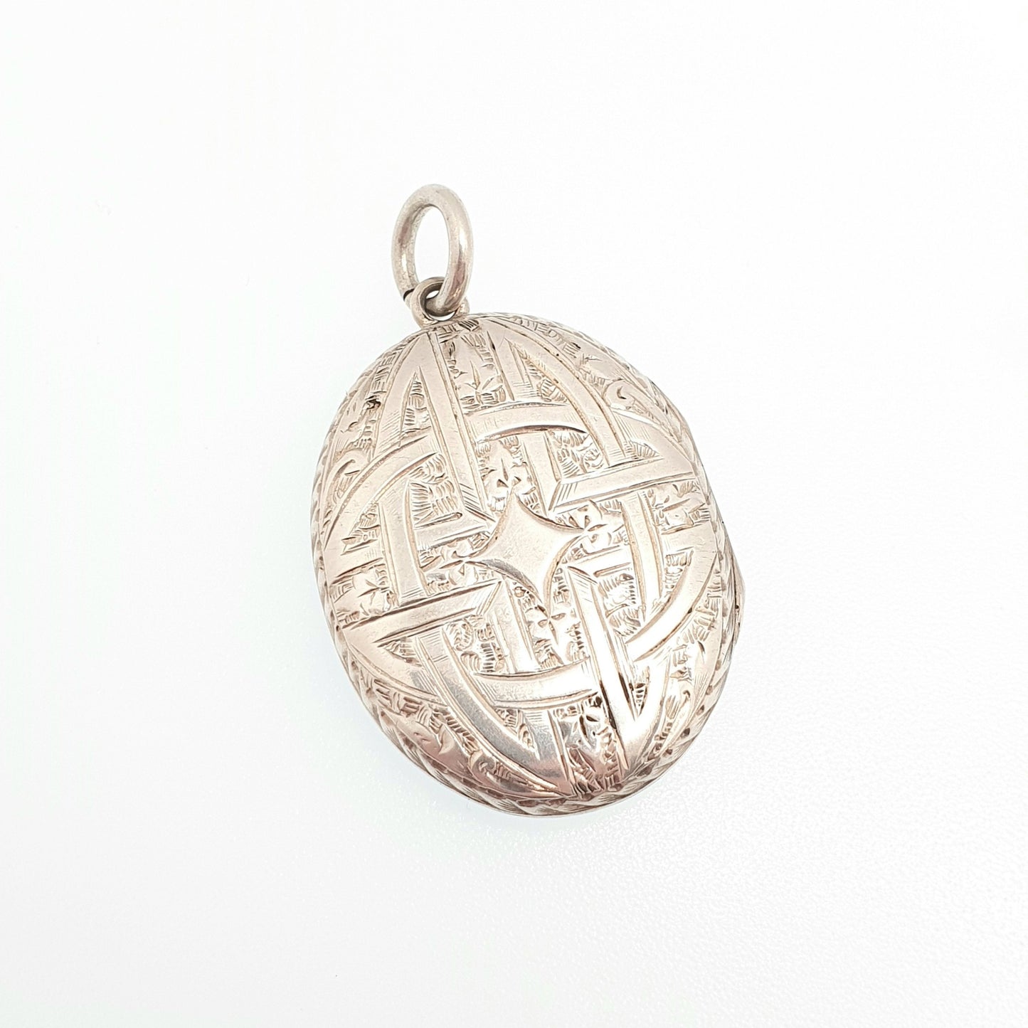 Antique Victorian Solid Silver Locket Geometric Hand Engraved Scroll Oval Pendant Picture Photo Vintage Womens Jewelry Jewellery