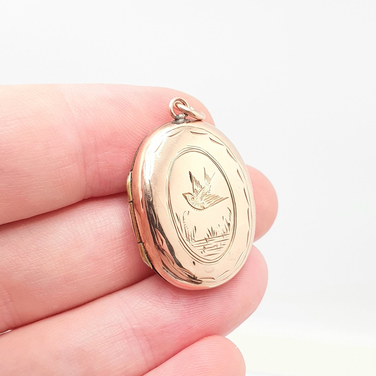 Antique 9ct Rose Gold Bird Locket Solid 9k 375 Small Oval Pendant Fine Estate Big Love Gift Back & Front Necklace Jewelry Womens Jewellery