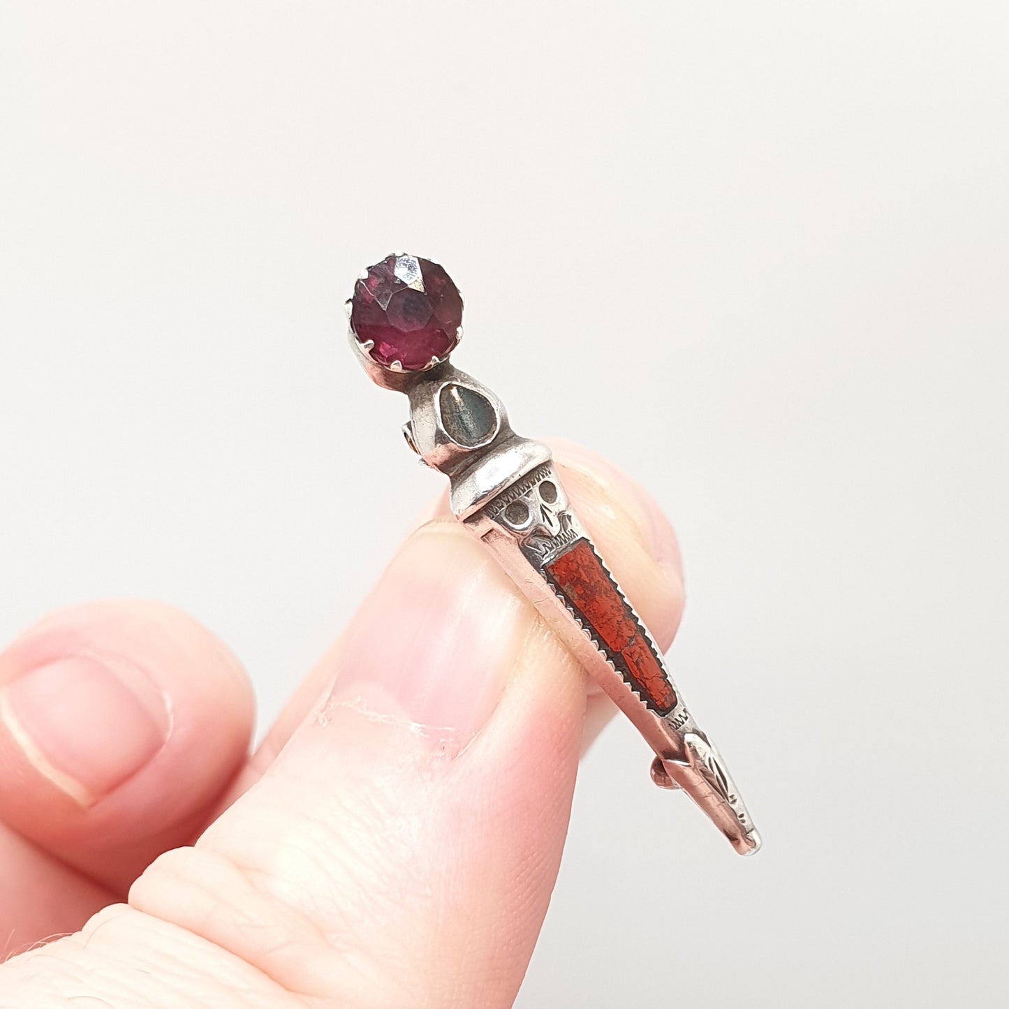Antique Scottish Dirk Sterling Silver Brooch Pin Blue Lace Agate Amethyst Paste Victorian Quartz Vintage Mens Womens Jewelry Jewellery