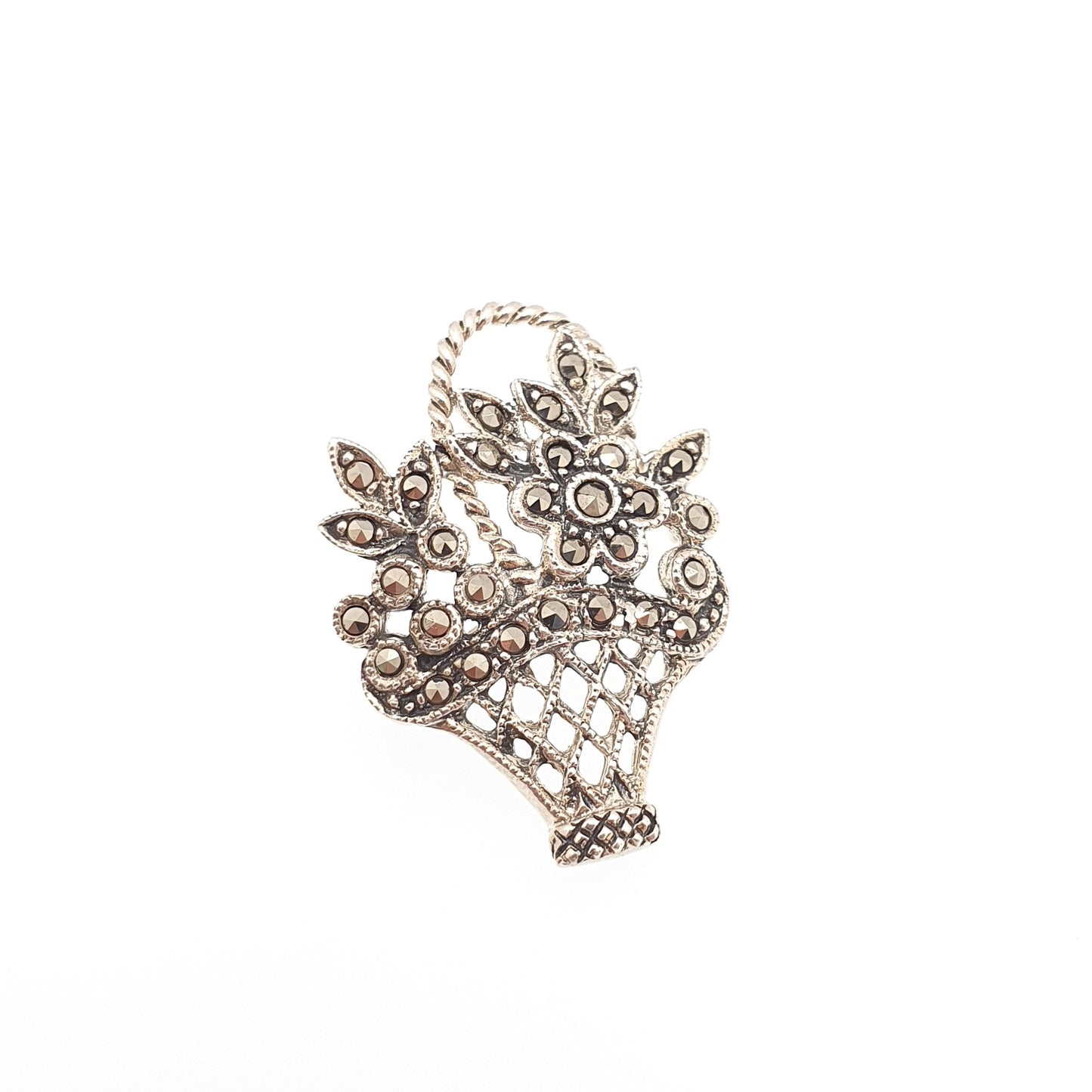 Vintage Sterling Silver Flower Basket Brooch Pin Giardinetti Marcasite Art Deco Style Garden Sweet Solid 925 Womens Jewelry Jewellery