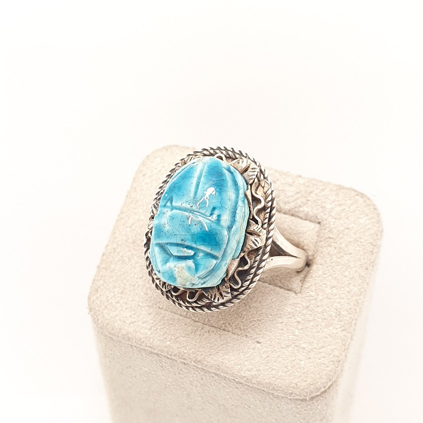 Vintage Solid Silver Scarab Beetle Ring Egyptian Faience Art Deco Revival Large Big Egypt Insect Animal Bug Womens Ladies Jewelry Jewellery