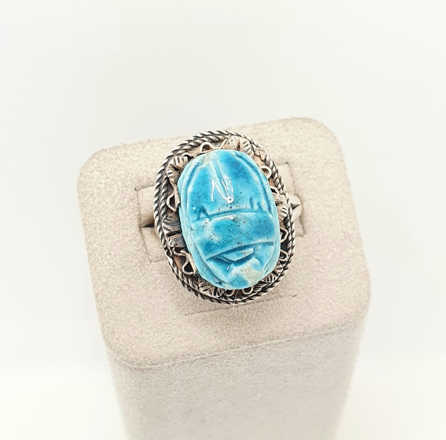 Vintage Solid Silver Scarab Beetle Ring Egyptian Faience Art Deco Revival Large Big Egypt Insect Animal Bug Womens Ladies Jewelry Jewellery