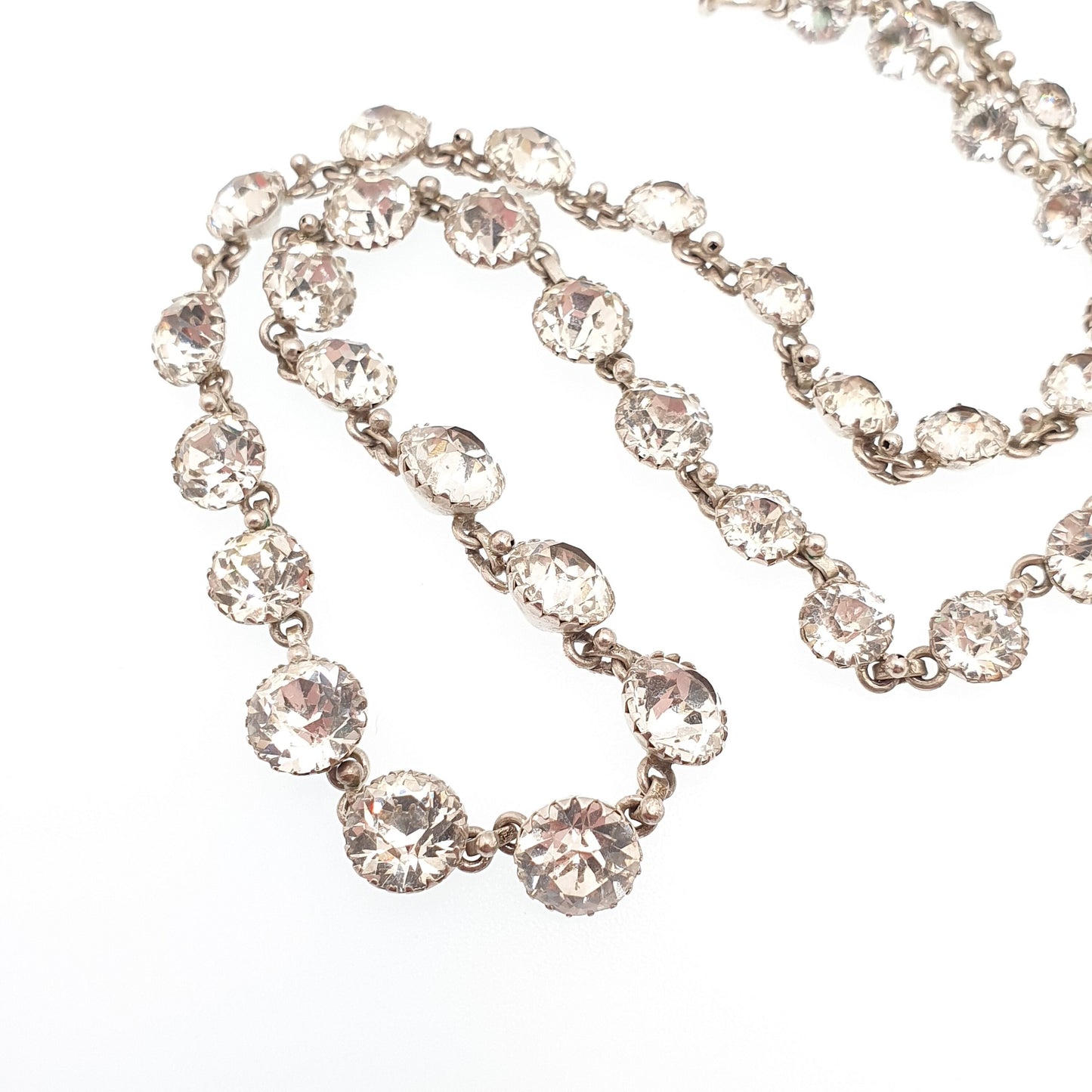 Antique Solid Silver Diamond Paste Riviera Necklace Large White Pastes Choker Round Cut Estate Sparkly Womens Vintage Jewelry Jewellery