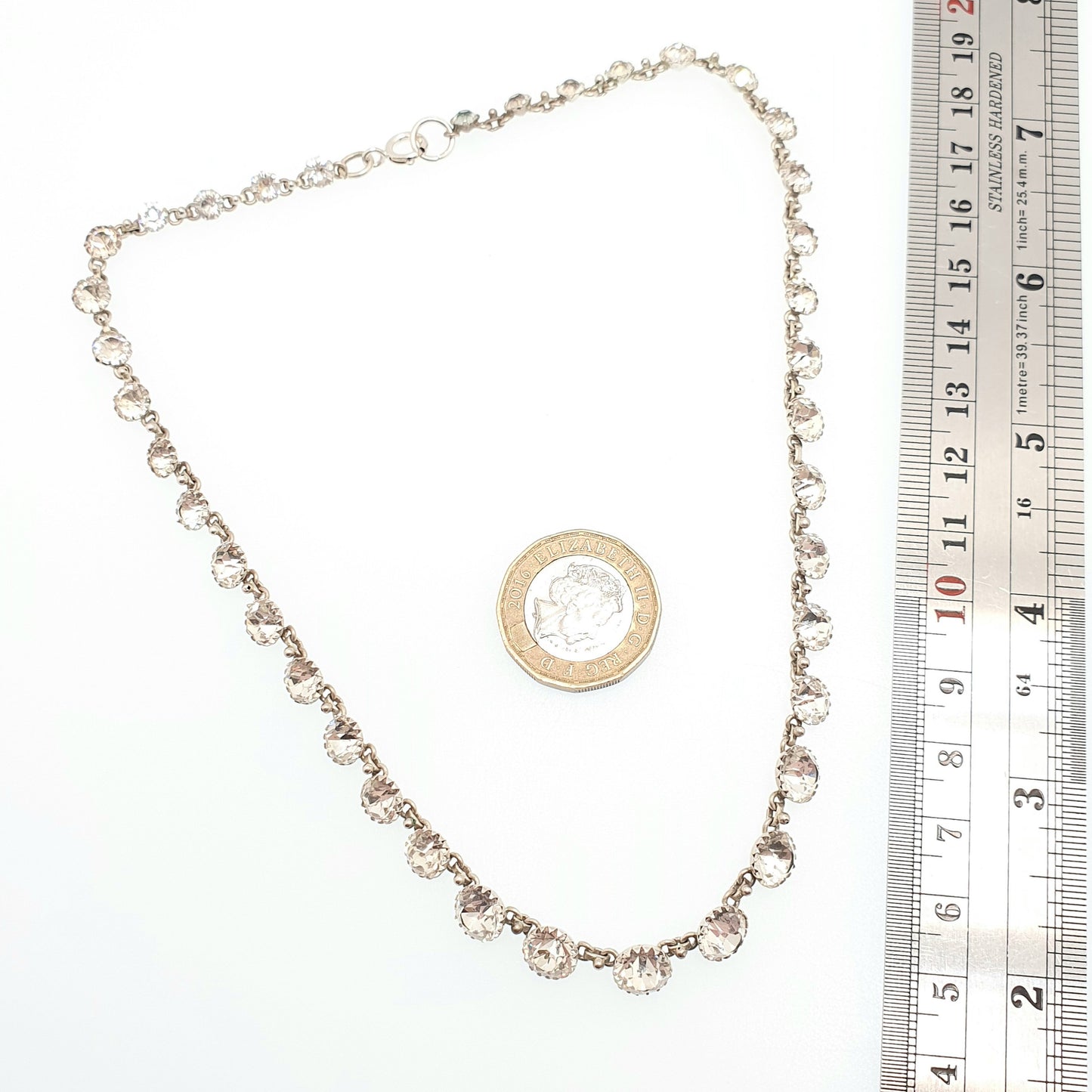 Antique Solid Silver Diamond Paste Riviera Necklace Large White Pastes Choker Round Cut Estate Sparkly Womens Vintage Jewelry Jewellery
