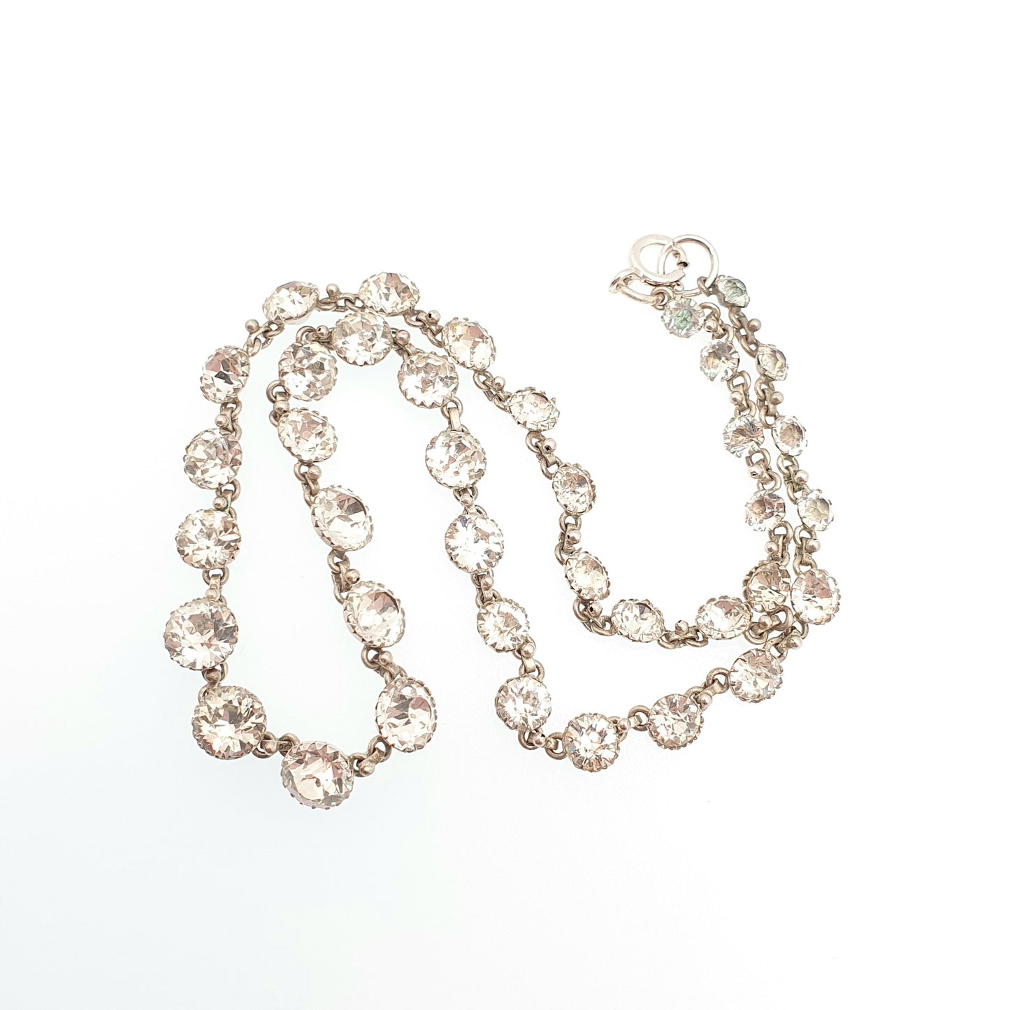Antique Solid Silver Diamond Paste Riviera Necklace Large White Pastes Choker Round Cut Estate Sparkly Womens Vintage Jewelry Jewellery