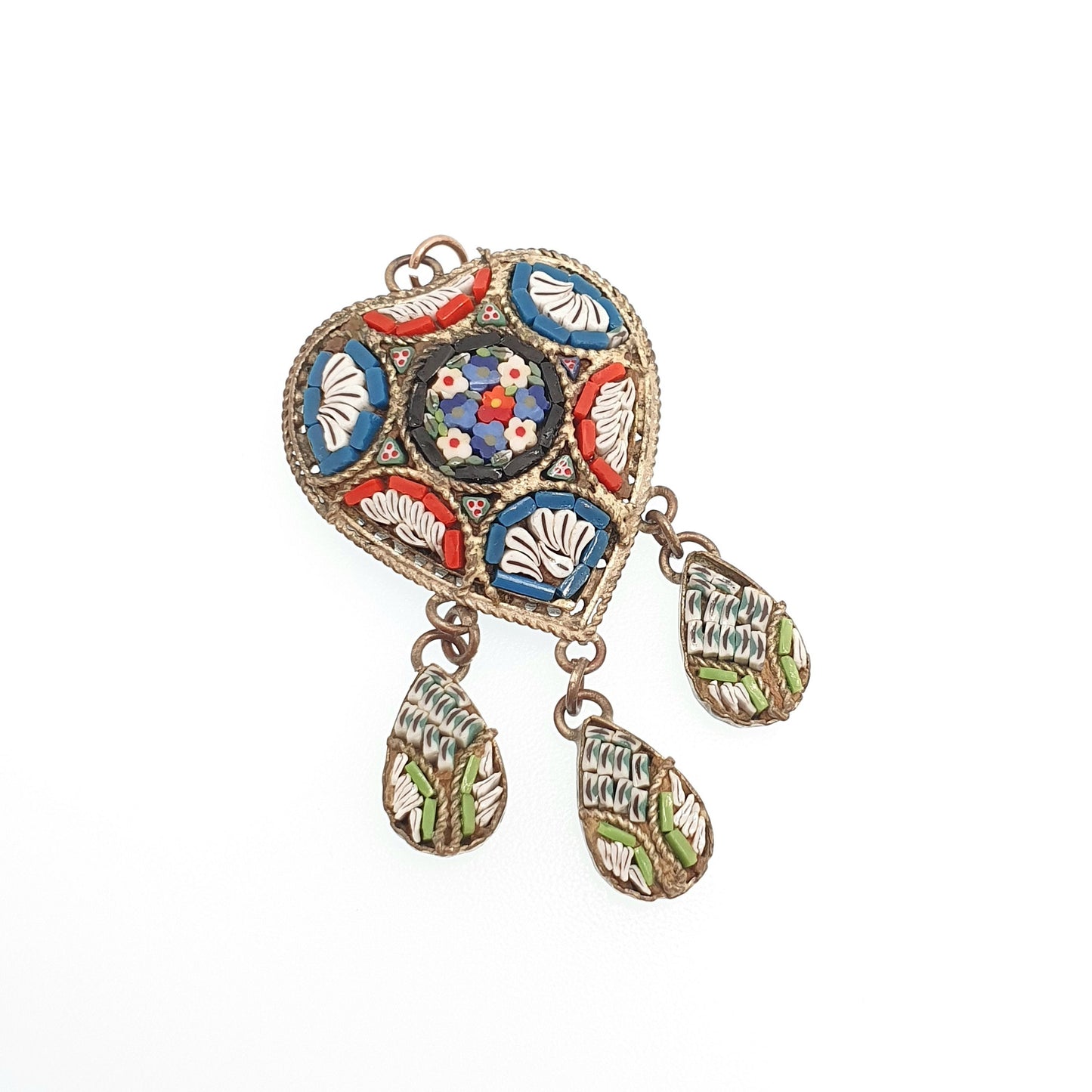 Antique Victorian Micromosaic Heart Necklace Pendant Micro Mosaic Millefiori Dangly Tassel Handmade Italian Vintage Womens Jewelry Jewellery