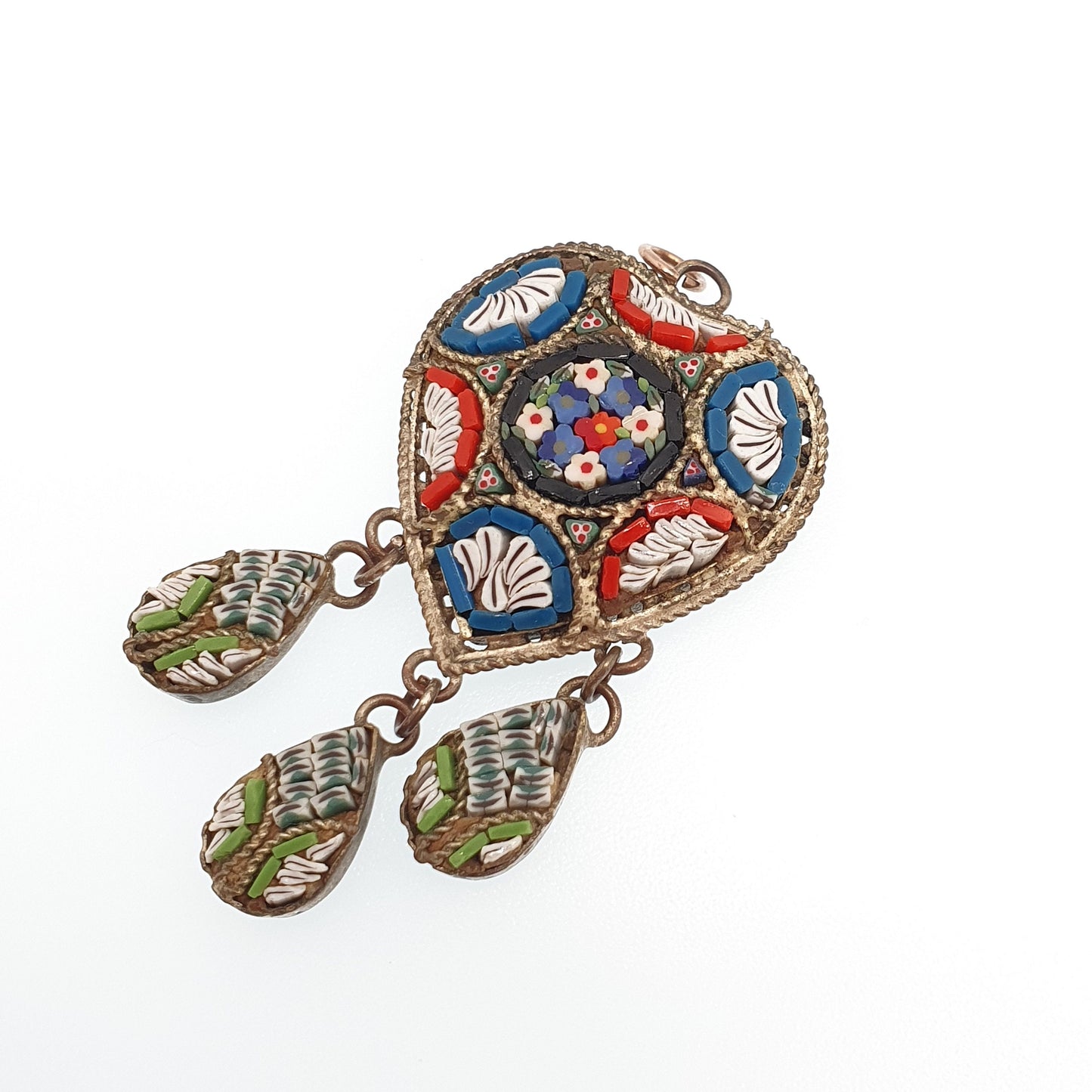Antique Victorian Micromosaic Heart Necklace Pendant Micro Mosaic Millefiori Dangly Tassel Handmade Italian Vintage Womens Jewelry Jewellery