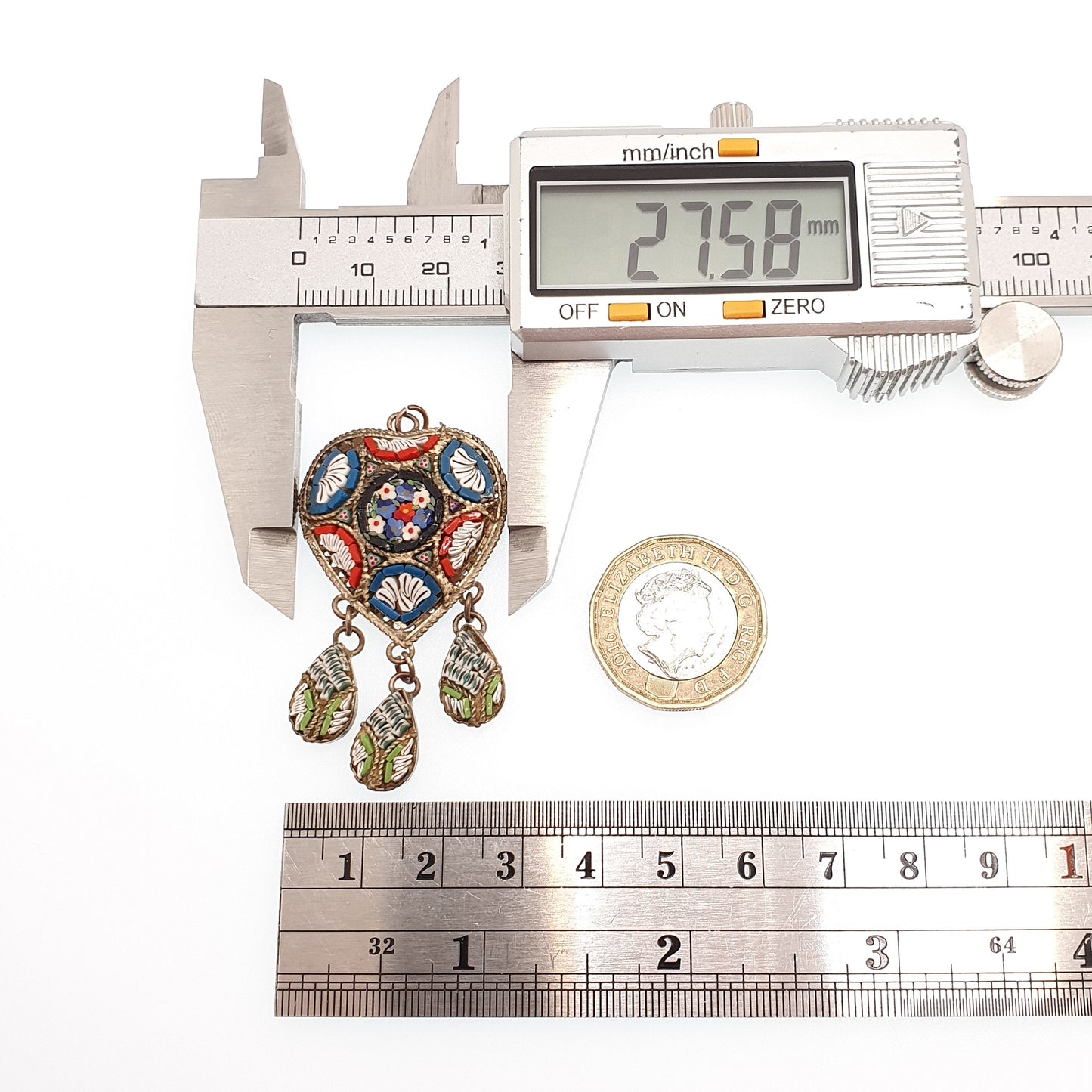 Antique Victorian Micromosaic Heart Necklace Pendant Micro Mosaic Millefiori Dangly Tassel Handmade Italian Vintage Womens Jewelry Jewellery