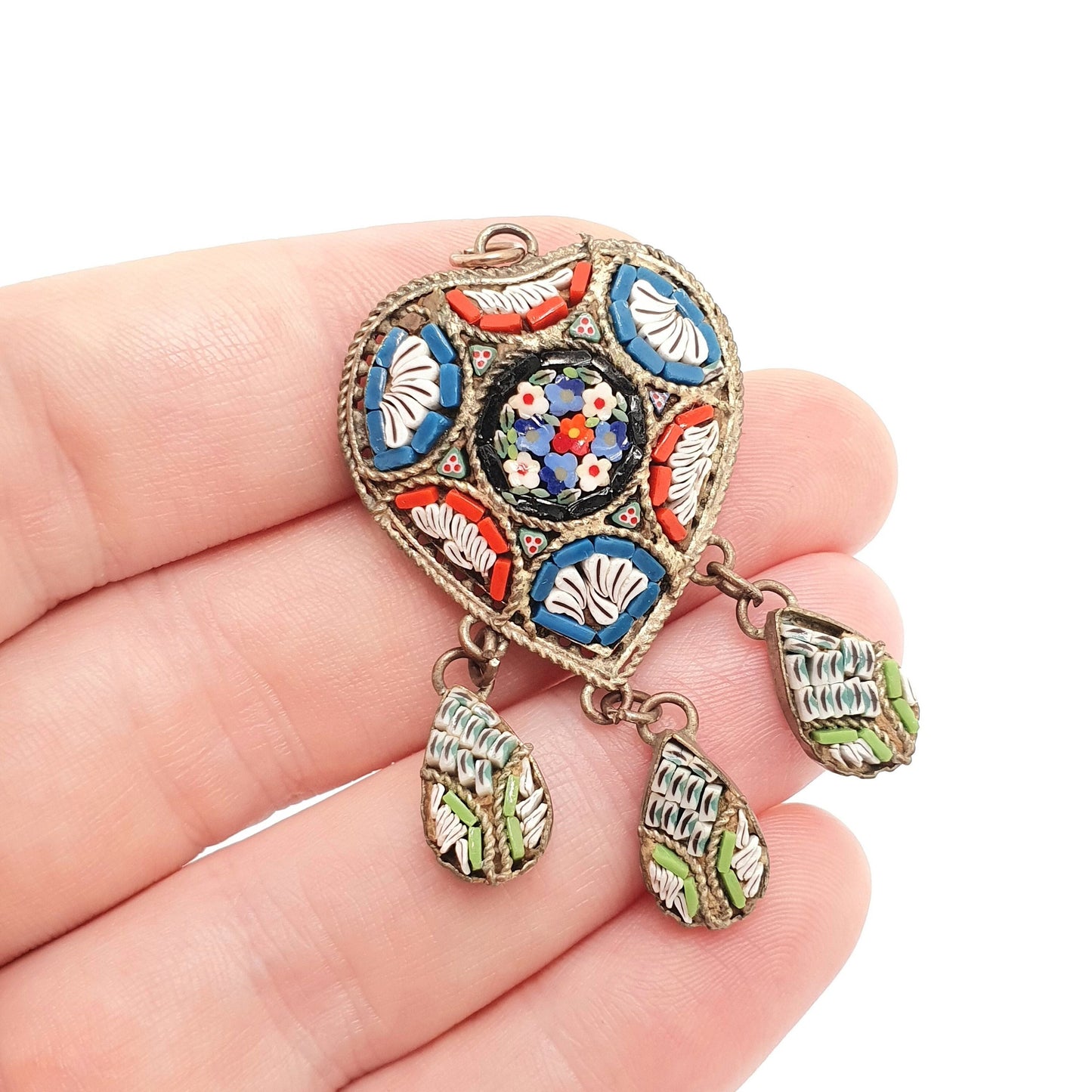 Antique Victorian Micromosaic Heart Necklace Pendant Micro Mosaic Millefiori Dangly Tassel Handmade Italian Vintage Womens Jewelry Jewellery