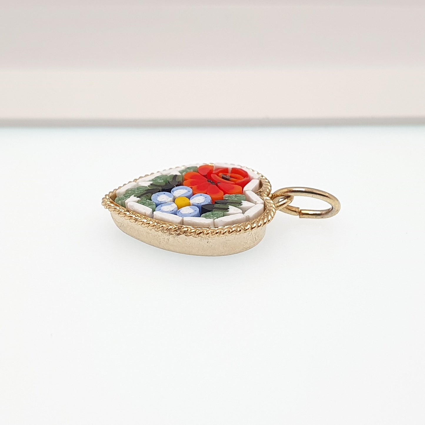 Vintage Heart Micro Mosaic Necklace Pendant Micromosaic Gold Gilt Rose Flower Hanging Dangly Millefiori Handmade Womens Jewelry Jewellery