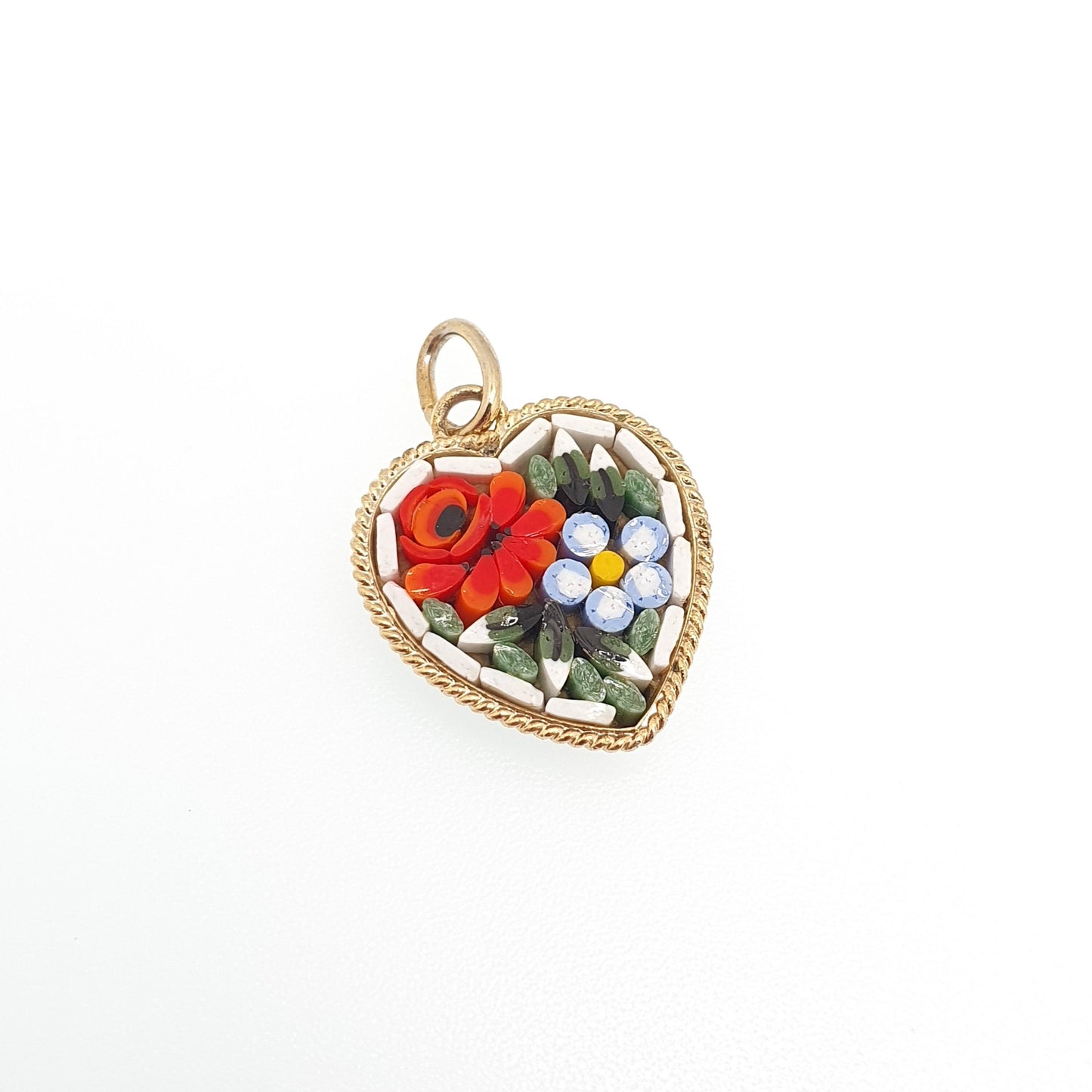 Vintage Heart Micro Mosaic Necklace Pendant Micromosaic Gold Gilt Rose Flower Hanging Dangly Millefiori Handmade Womens Jewelry Jewellery