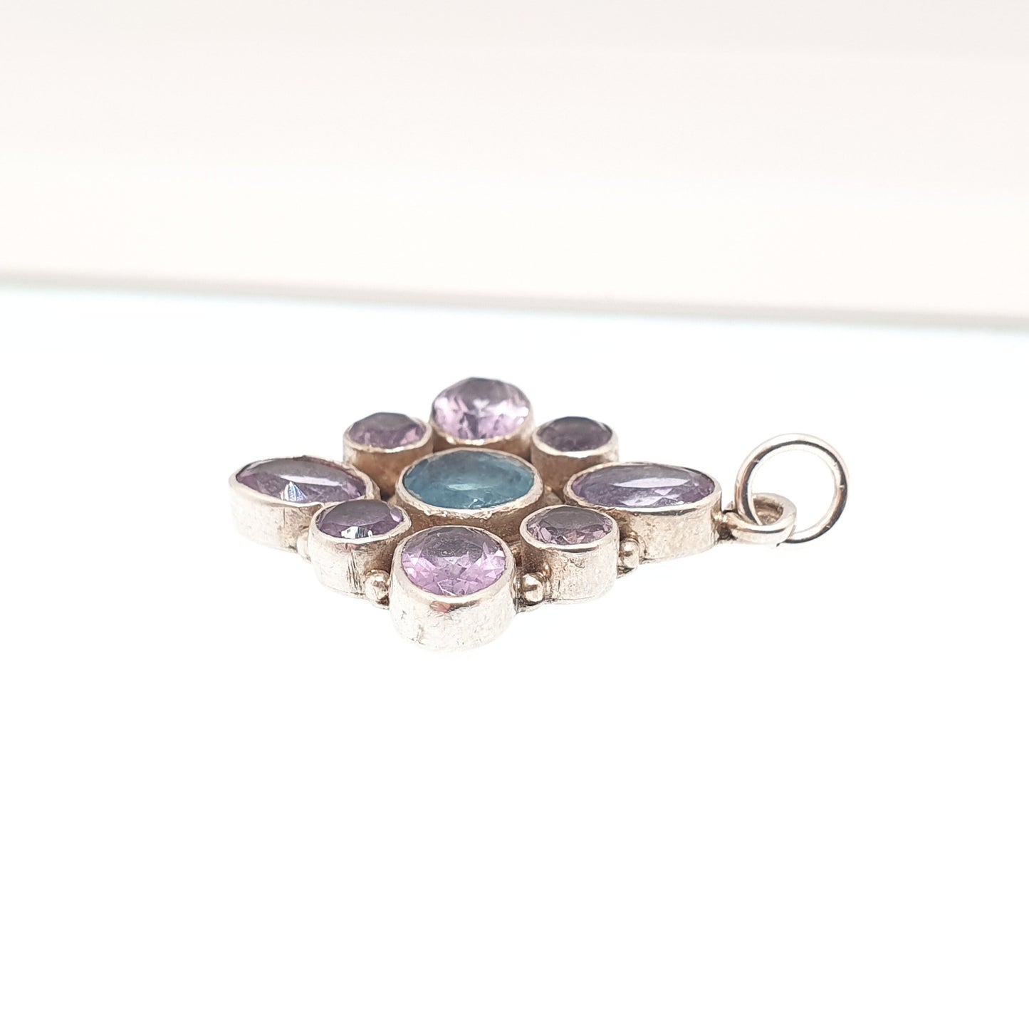 Vintage Solid Silver Amethyst Cluster Pendant Necklace Blue Spinel Centre Indian Asian Genuine Sparkly Gemstones Womens Jewelry Jewellery