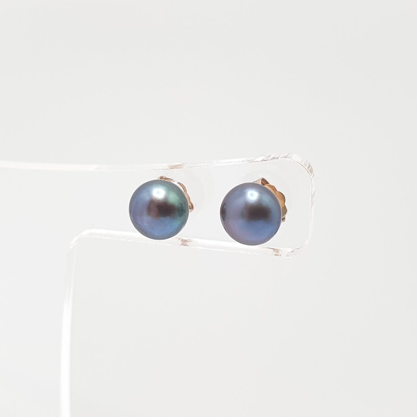 Vintage 9ct Gold Grey Cultured Pearl Earrings Single Solitaire Solid 375 9k Stud Womens Ladies Fine Jewelry Jewellery Bead Ball Retro