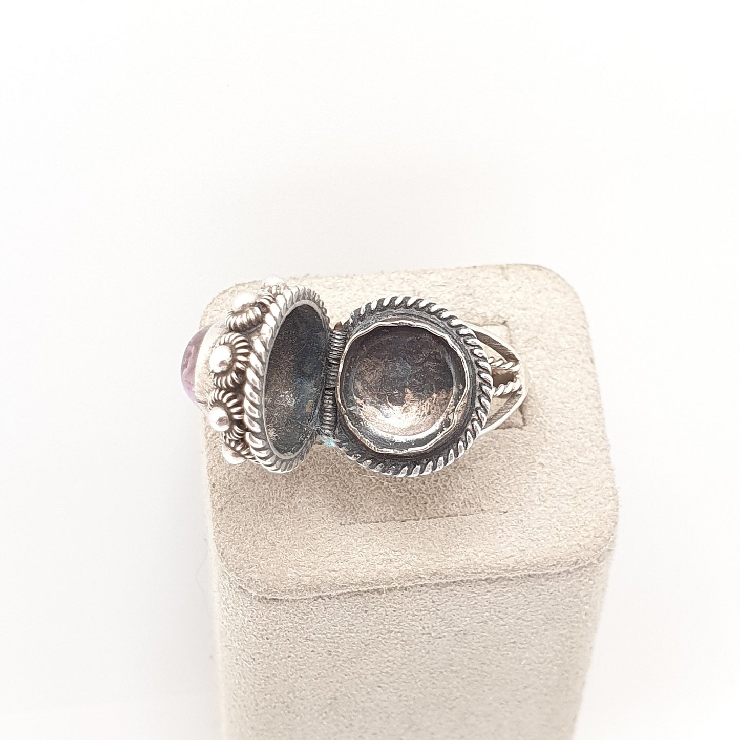 Vintage Solid Silver Poison Ring Amethyst Mexican Taxco Locket Opening Signet Quartz Gemstone Secret Compartment Womens Jewelry Jewellery