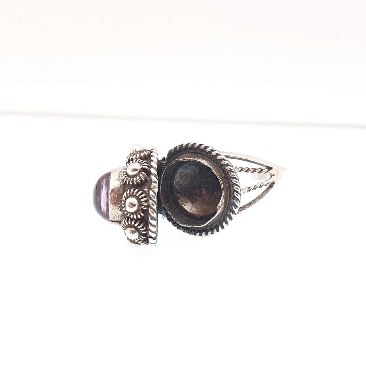 Vintage Solid Silver Poison Ring Amethyst Mexican Taxco Locket Opening Signet Quartz Gemstone Secret Compartment Womens Jewelry Jewellery