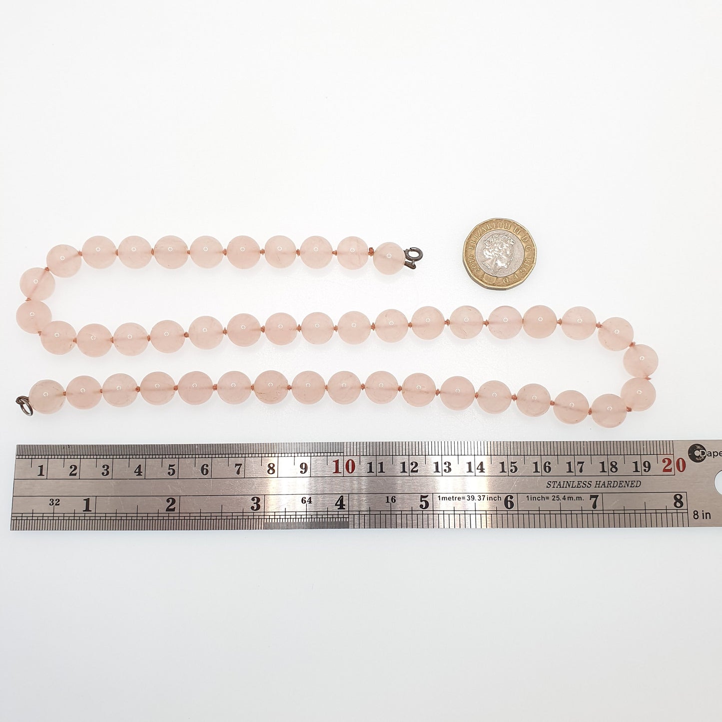 Antique Rose Quartz Bead Necklace Art Deco Long 55cm 21.6" Pink Gemstone Vintage 1920s Hand Knotted Each Bead Round Large Jewelry Jewellery
