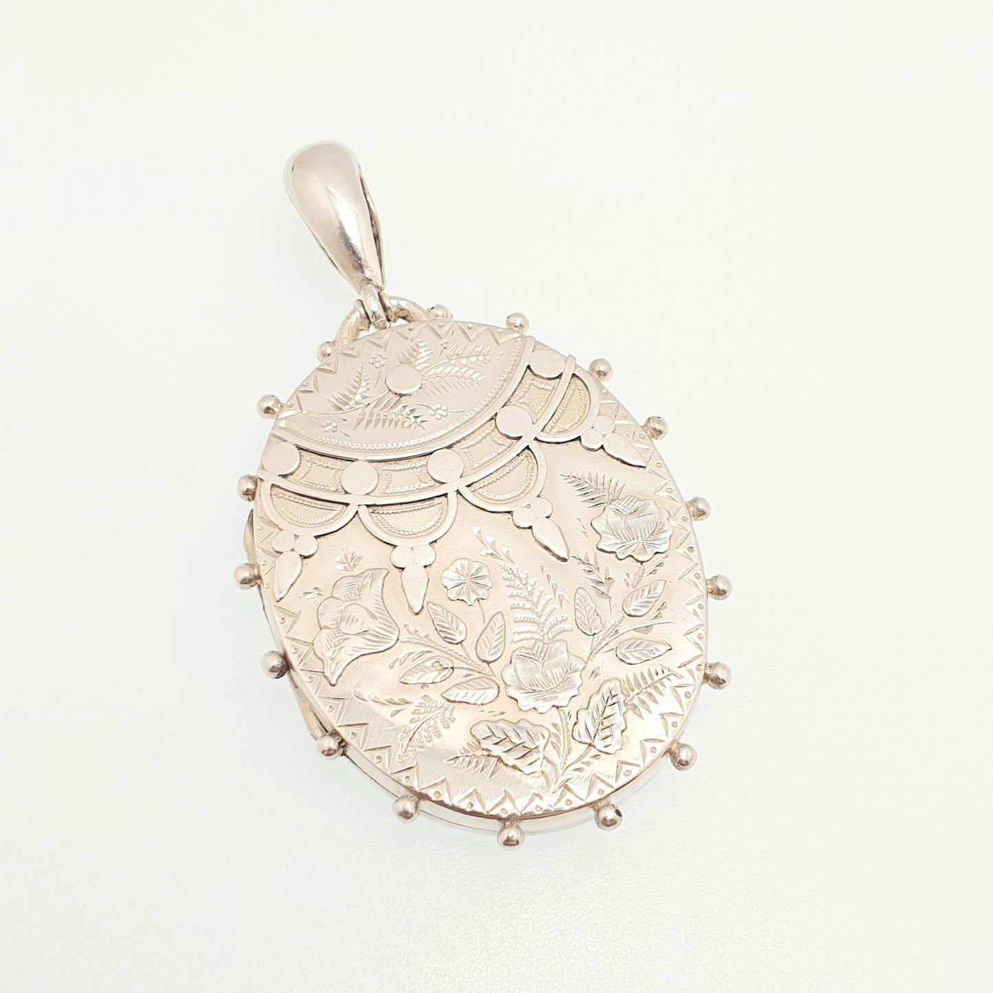 Antique Victorian Sterling Silver Locket 1882 Beaded Engraved Large Big Oval Pendant Picture Photo 1800s Vintage Womens Jewelry Jewellery
