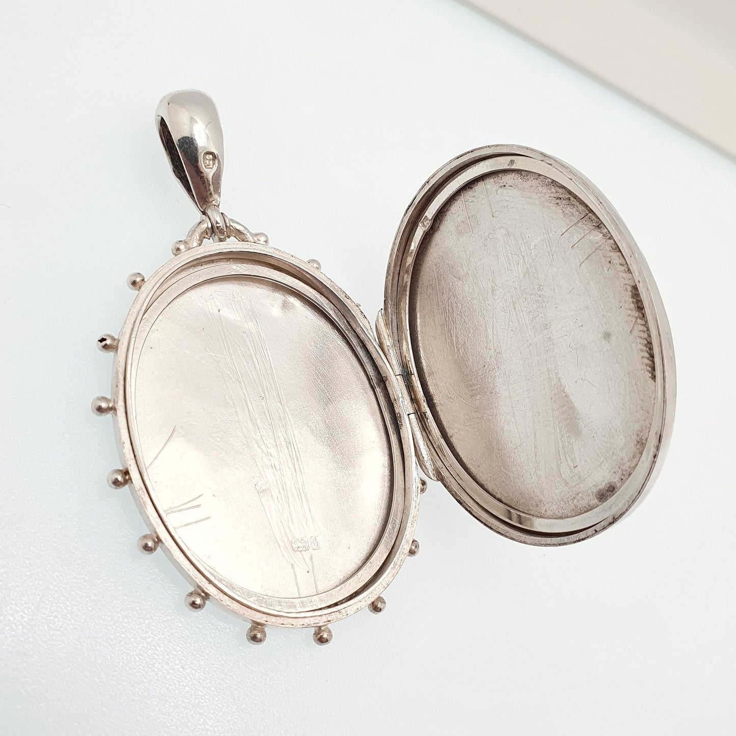 Antique Victorian Sterling Silver Locket 1882 Beaded Engraved Large Big Oval Pendant Picture Photo 1800s Vintage Womens Jewelry Jewellery