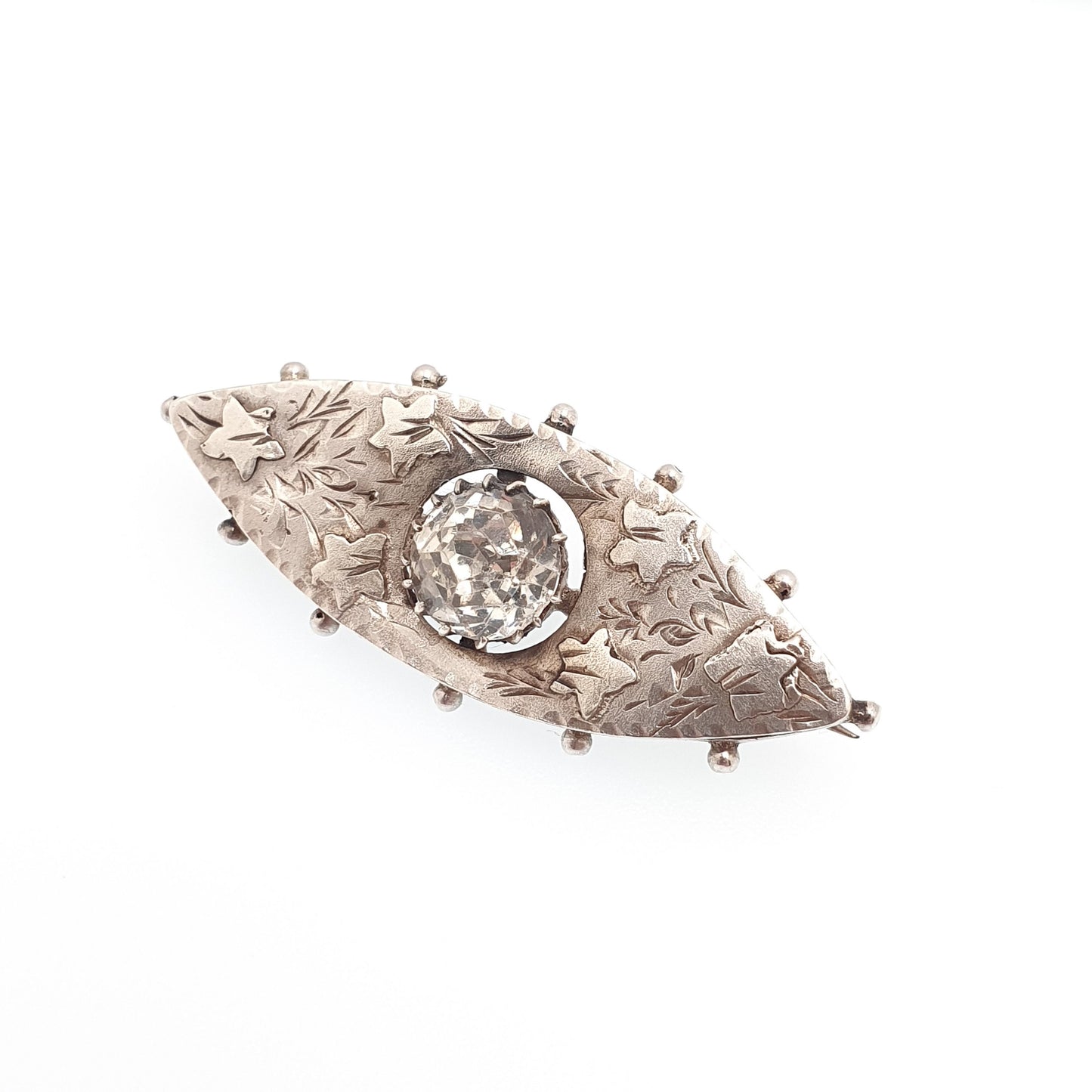 Antique Victorian Sterling Silver Paste Sweetheart Brooch Eye Ellipse 1880 Hallmark Chester Large Old Cut Diamond Paste Vintage Jewelry