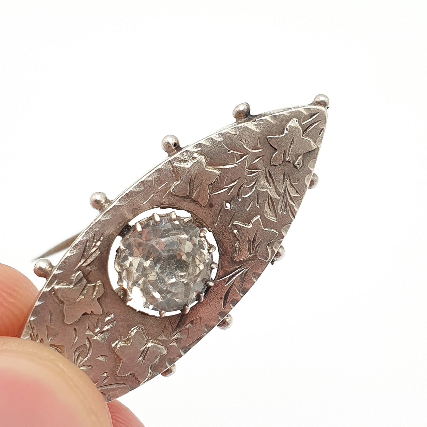 Antique Victorian Sterling Silver Paste Sweetheart Brooch Eye Ellipse 1880 Hallmark Chester Large Old Cut Diamond Paste Vintage Jewelry