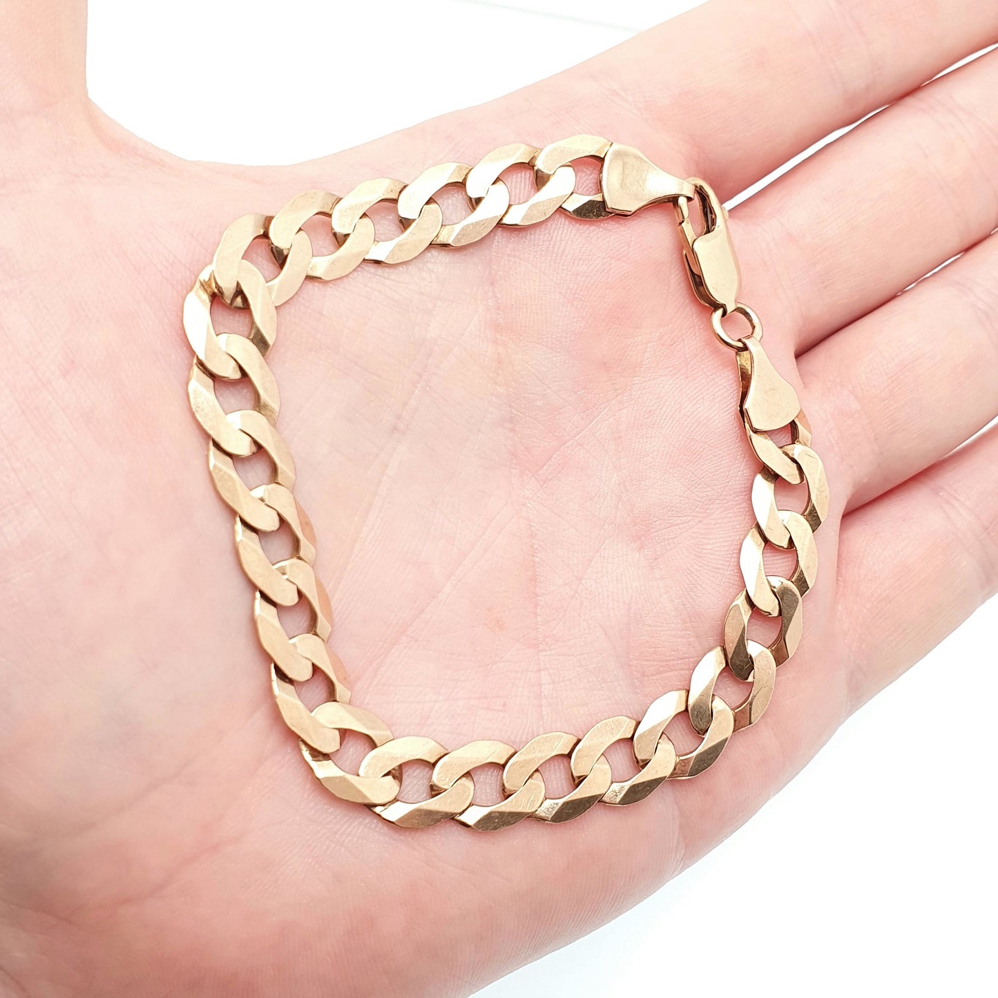 Vintage 9ct 9k Rose Gold Chain Bracelet Curb Link Flat Links 15.01g 21cm 8.25" Solid 375 Heavy Large Hallmarked Womens Jewelry Jewellery