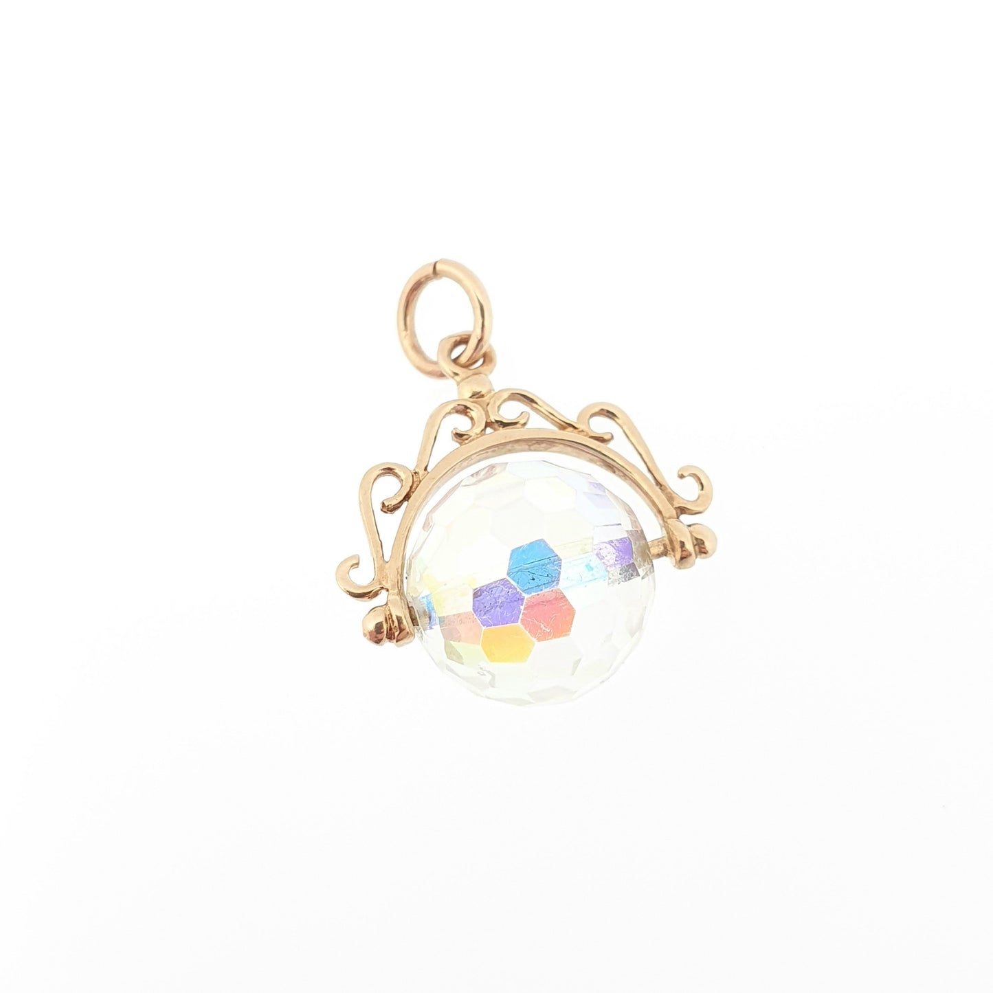 Vintage 9ct 9k Gold Spinner Fob Pendant Charm Aurora Borealis Crystal Victorian Revival Necklace Solid 375 Womens Jewelry Jewellery