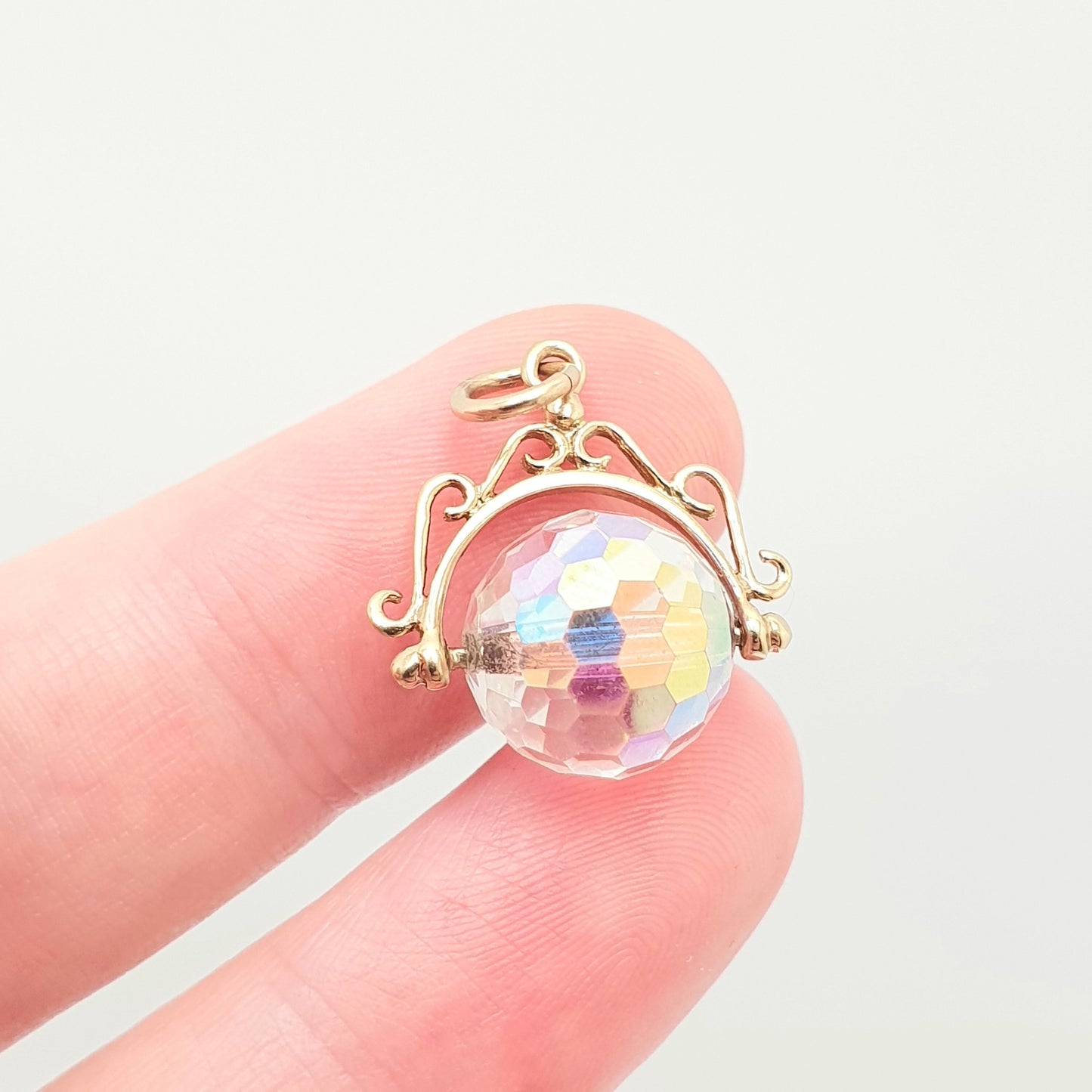 Vintage 9ct 9k Gold Spinner Fob Pendant Charm Aurora Borealis Crystal Victorian Revival Necklace Solid 375 Womens Jewelry Jewellery