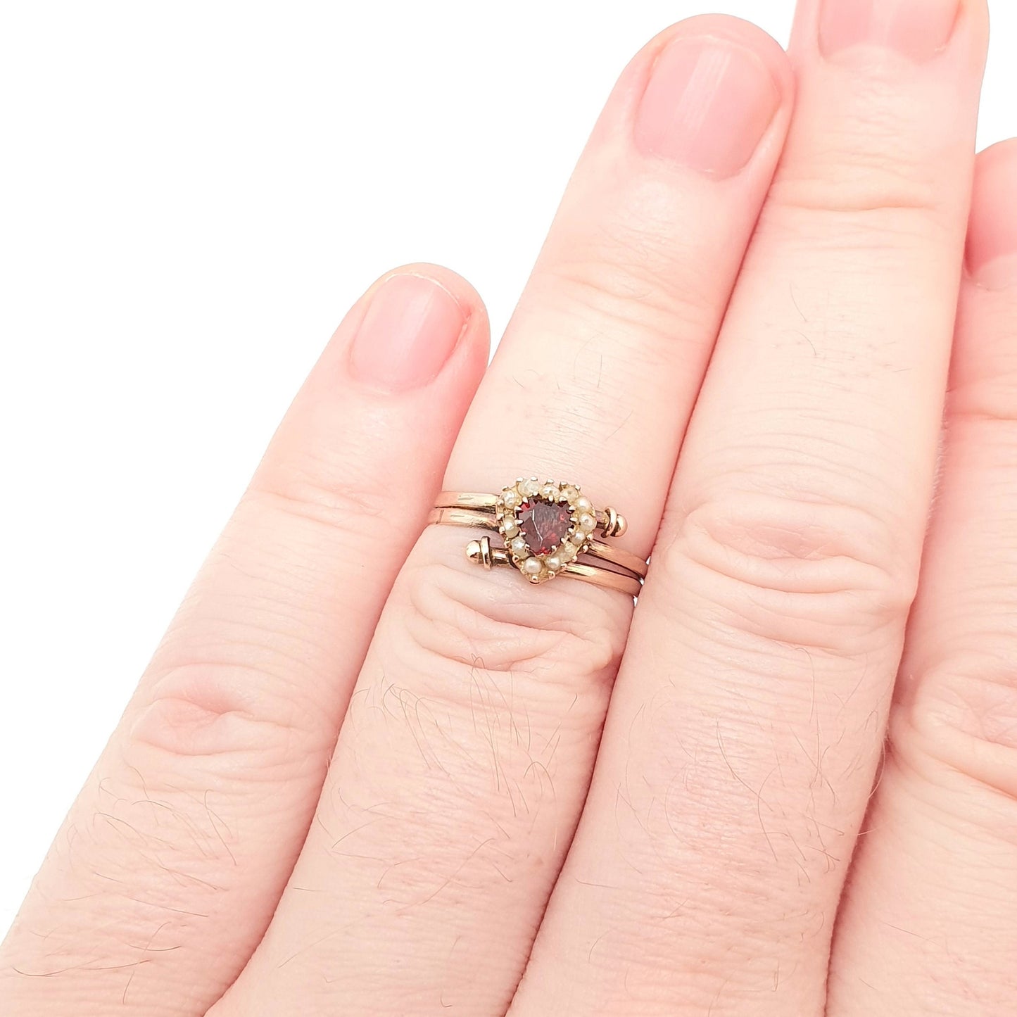 Antique Victorian 9ct Gold Garnet Heart Ring Seed Pearl Solid 375 Rose Gold Love Gift 1800s Sweetheart Womens Vintage Jewelry Jewellery