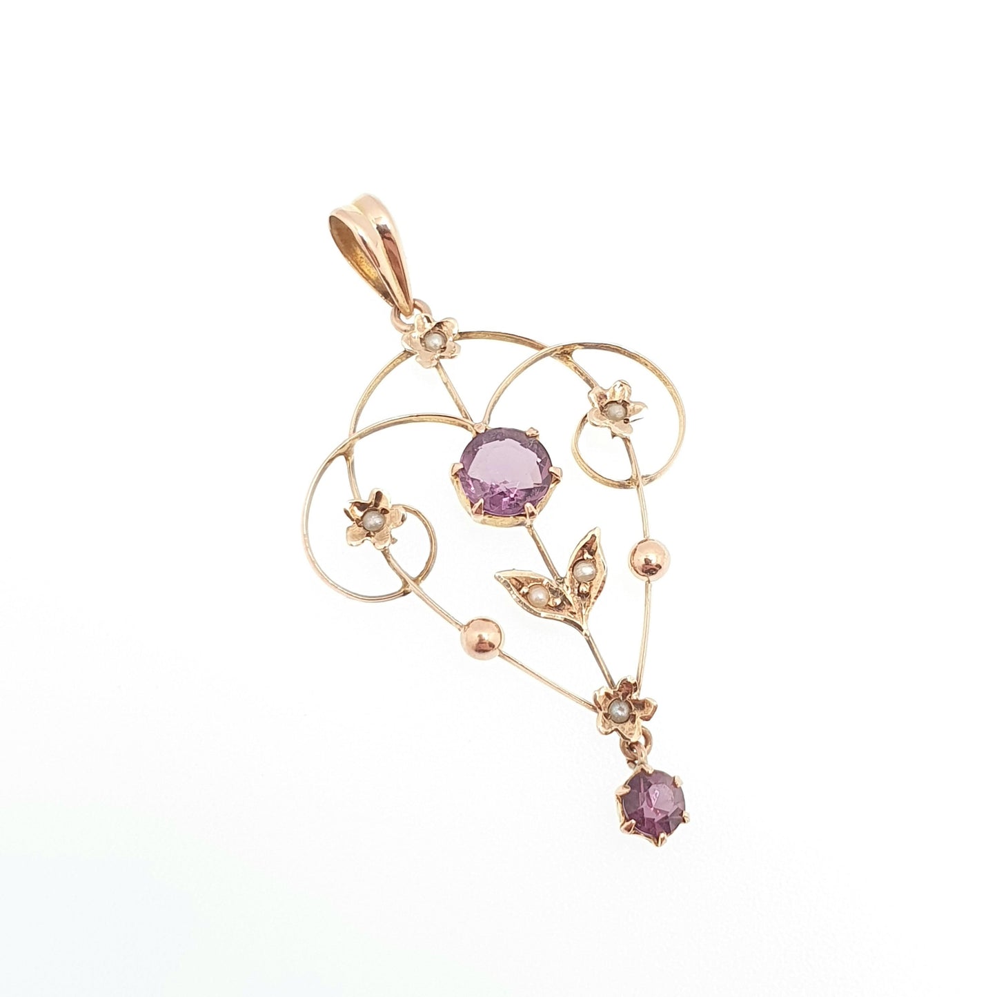 Antique 9ct 9k Gold Amethyst Paste Pendant Seed Pearl Necklace Edwardian Solid 375 Openwork Necklace 1900s Old Vintage Jewellery Jewelry