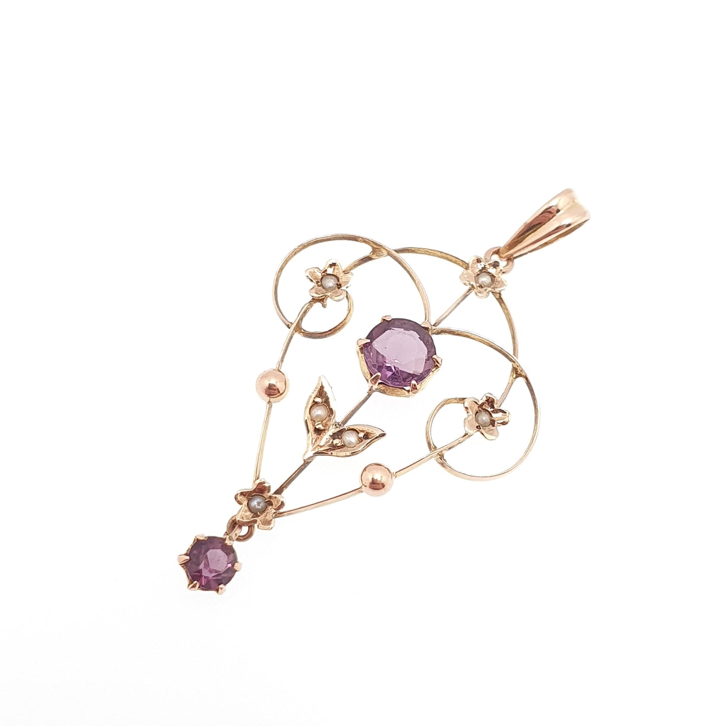 Antique 9ct 9k Gold Amethyst Paste Pendant Seed Pearl Necklace Edwardian Solid 375 Openwork Necklace 1900s Old Vintage Jewellery Jewelry