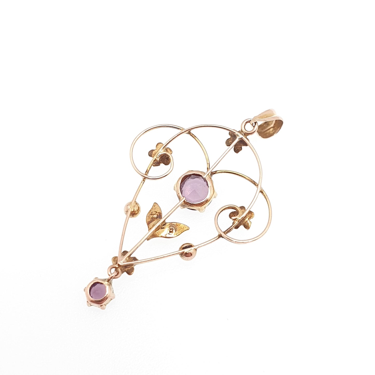 Antique 9ct 9k Gold Amethyst Paste Pendant Seed Pearl Necklace Edwardian Solid 375 Openwork Necklace 1900s Old Vintage Jewellery Jewelry