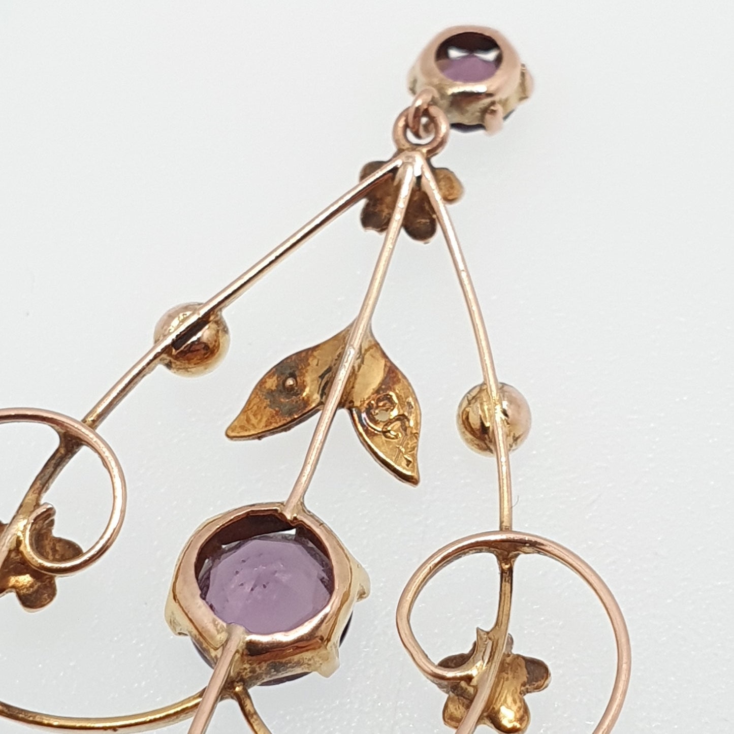 Antique 9ct 9k Gold Amethyst Paste Pendant Seed Pearl Necklace Edwardian Solid 375 Openwork Necklace 1900s Old Vintage Jewellery Jewelry