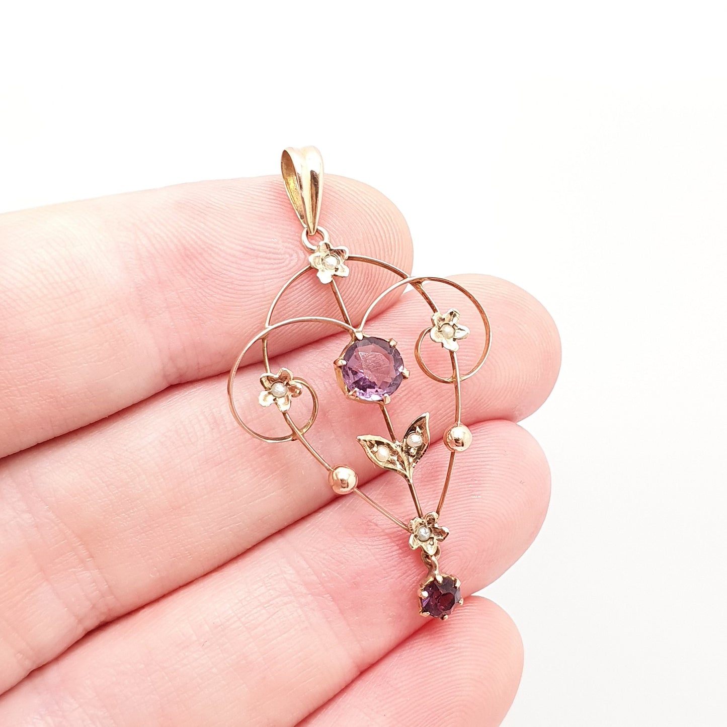 Antique 9ct 9k Gold Amethyst Paste Pendant Seed Pearl Necklace Edwardian Solid 375 Openwork Necklace 1900s Old Vintage Jewellery Jewelry