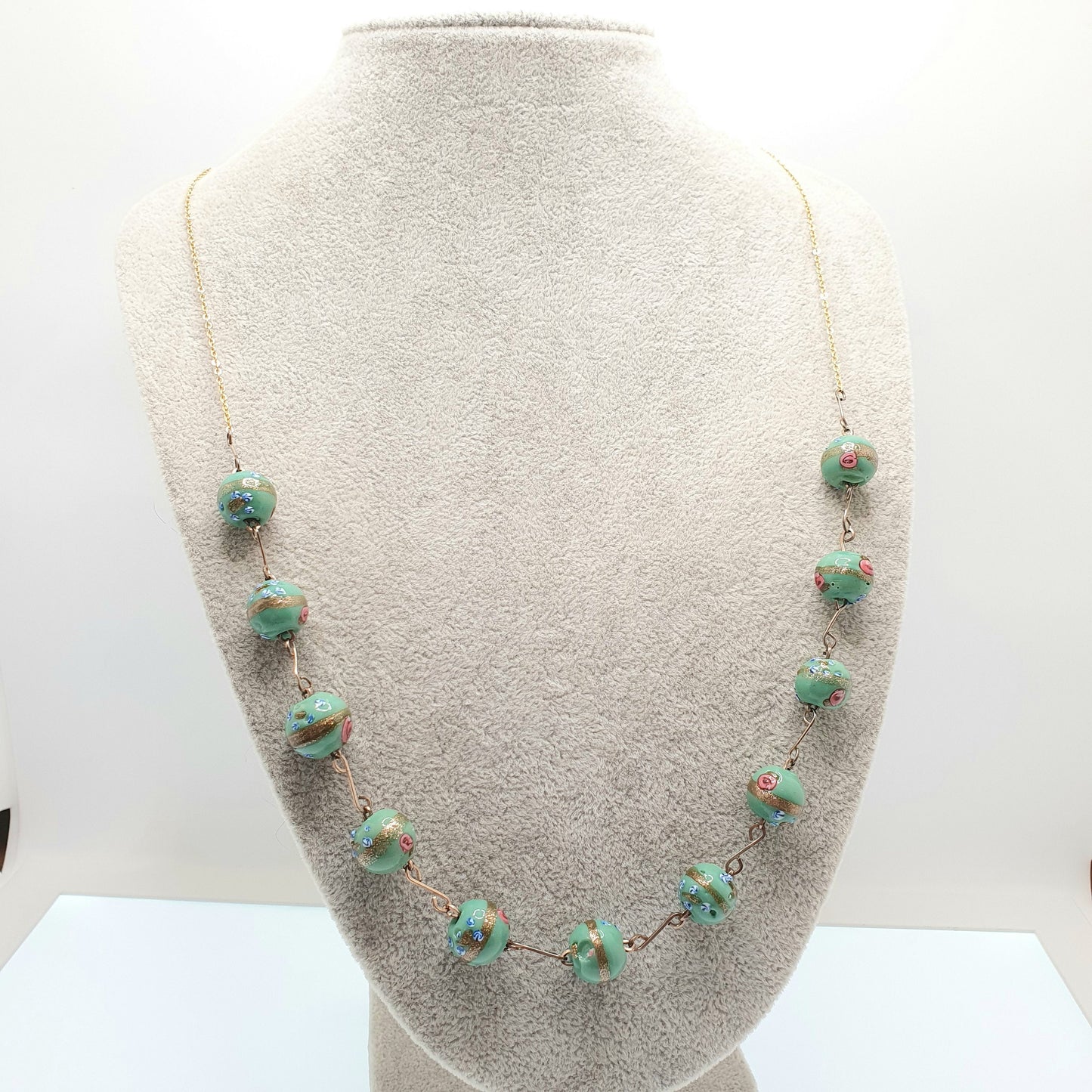 Antique Wedding Cake Bead Necklace Green Venetian Glass Rolled Gold 67cm 26.3" Art Deco 1920s Vintage Gold Filled Womens Jewelry Jewellery