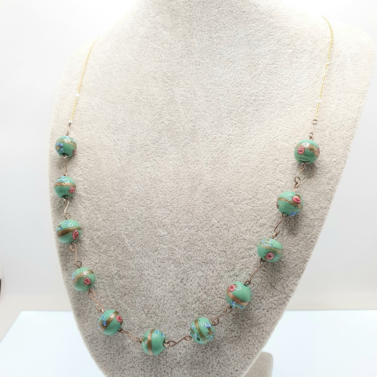 Antique Wedding Cake Bead Necklace Green Venetian Glass Rolled Gold 67cm 26.3" Art Deco 1920s Vintage Gold Filled Womens Jewelry Jewellery