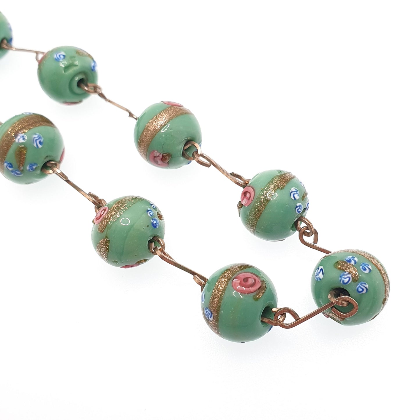 Antique Wedding Cake Bead Necklace Green Venetian Glass Rolled Gold 67cm 26.3" Art Deco 1920s Vintage Gold Filled Womens Jewelry Jewellery