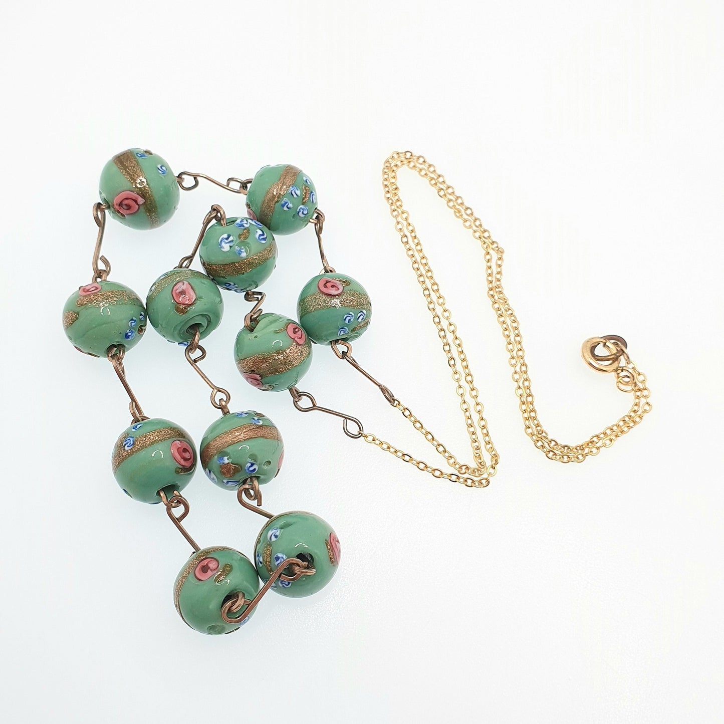 Antique Wedding Cake Bead Necklace Green Venetian Glass Rolled Gold 67cm 26.3" Art Deco 1920s Vintage Gold Filled Womens Jewelry Jewellery