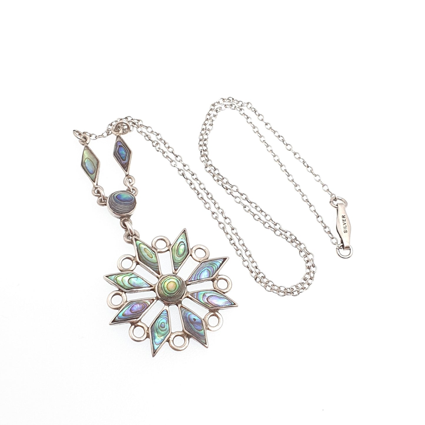 Old Vintage Sterling Silver Abalone Shell Star Necklace Pendant Solid 925 Iridescent Rainbow Y Pendant Blue Green Womens Jewellery Jewelry