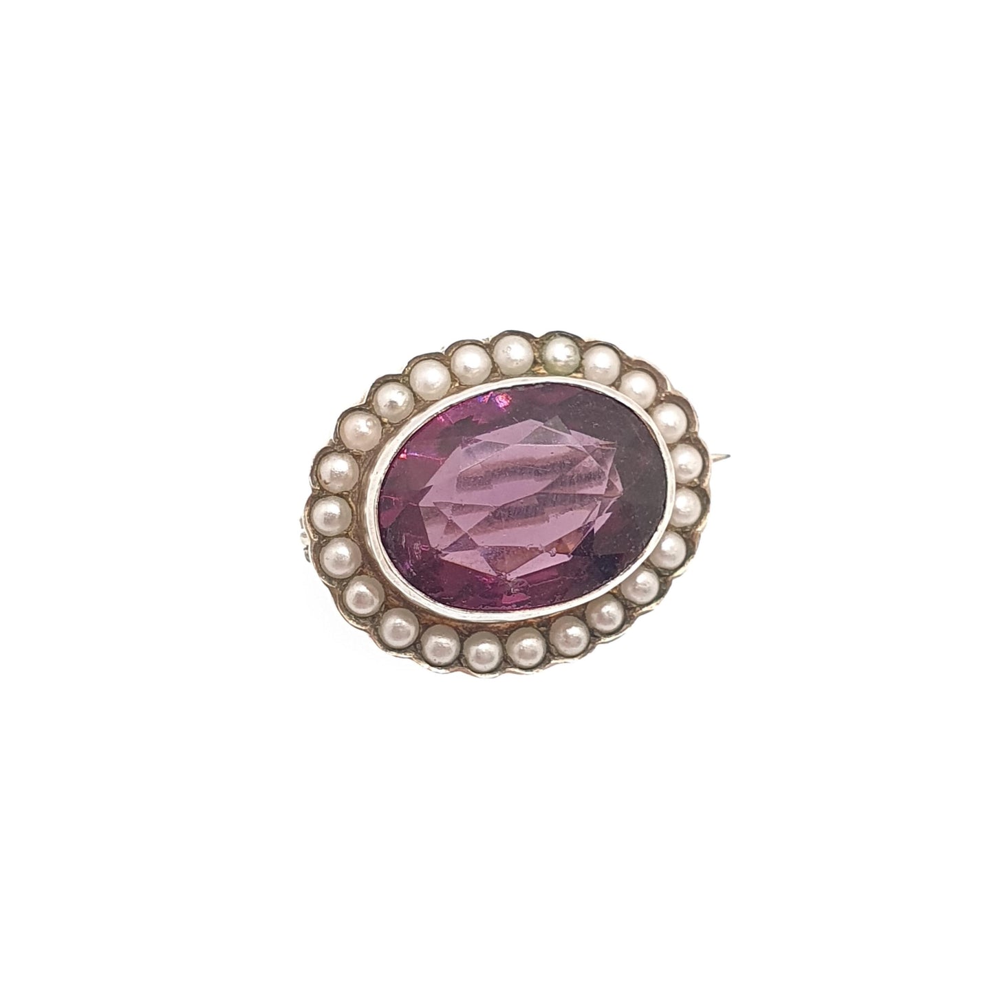Antique Solid Silver Amethyst Paste Brooch Victorian Seed Pearl Oval Shape Genuine 1800s Vintage Womens Ladies Jewelry Jewellery