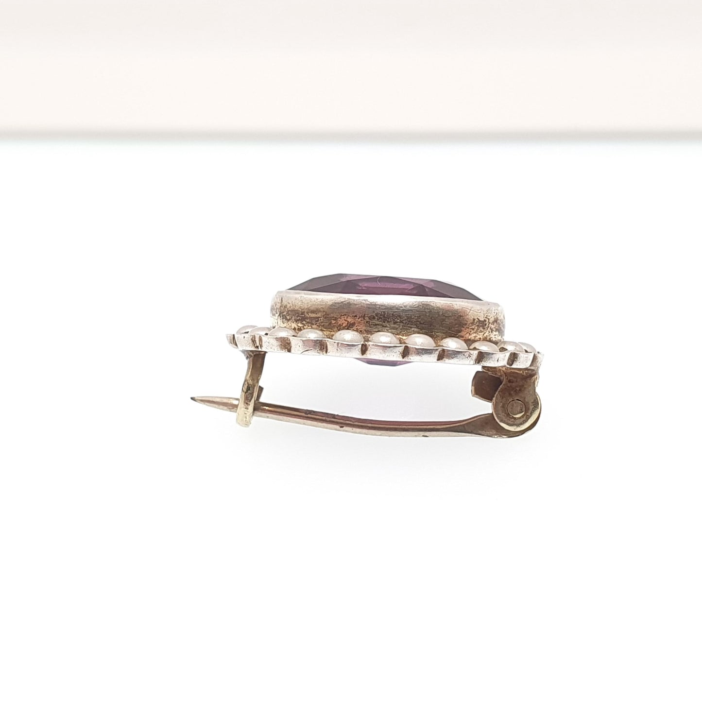 Antique Solid Silver Amethyst Paste Brooch Victorian Seed Pearl Oval Shape Genuine 1800s Vintage Womens Ladies Jewelry Jewellery