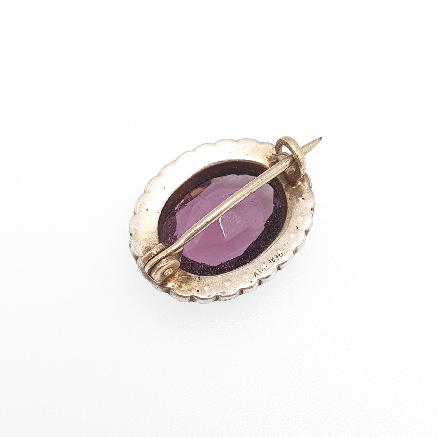 Antique Solid Silver Amethyst Paste Brooch Victorian Seed Pearl Oval Shape Genuine 1800s Vintage Womens Ladies Jewelry Jewellery