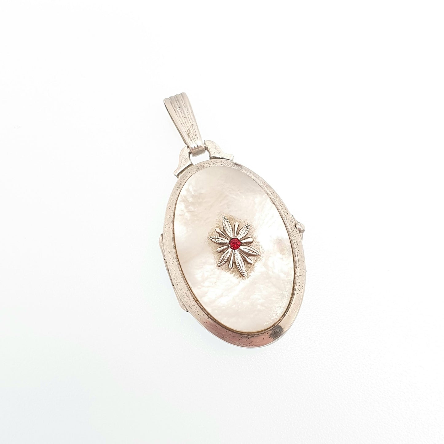 Vintage Solid Silver Ruby Paste Locket Mother of Pearl Big Large Star Centre Necklace Pendant Genuine Real White Shell Retro Womens Jewelry