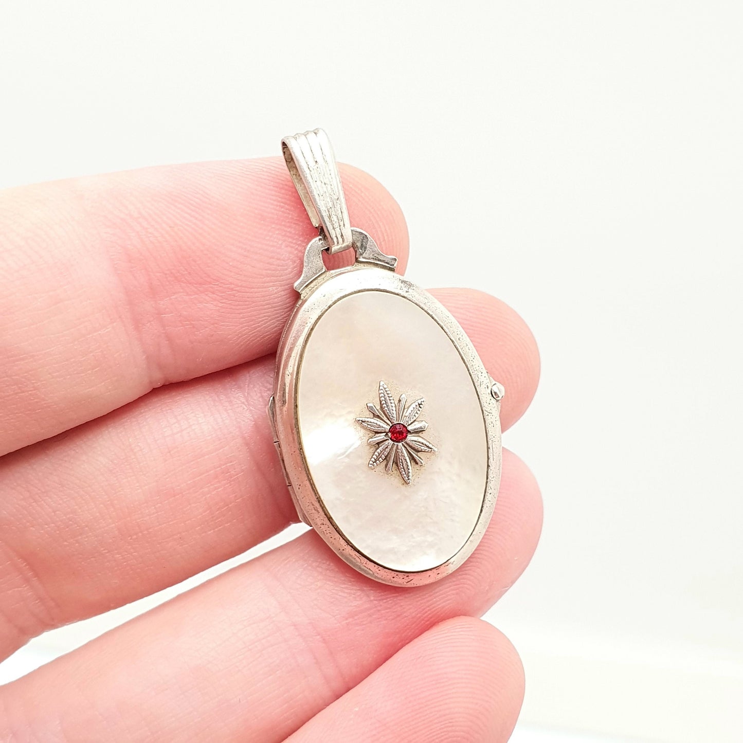 Vintage Solid Silver Ruby Paste Locket Mother of Pearl Big Large Star Centre Necklace Pendant Genuine Real White Shell Retro Womens Jewelry